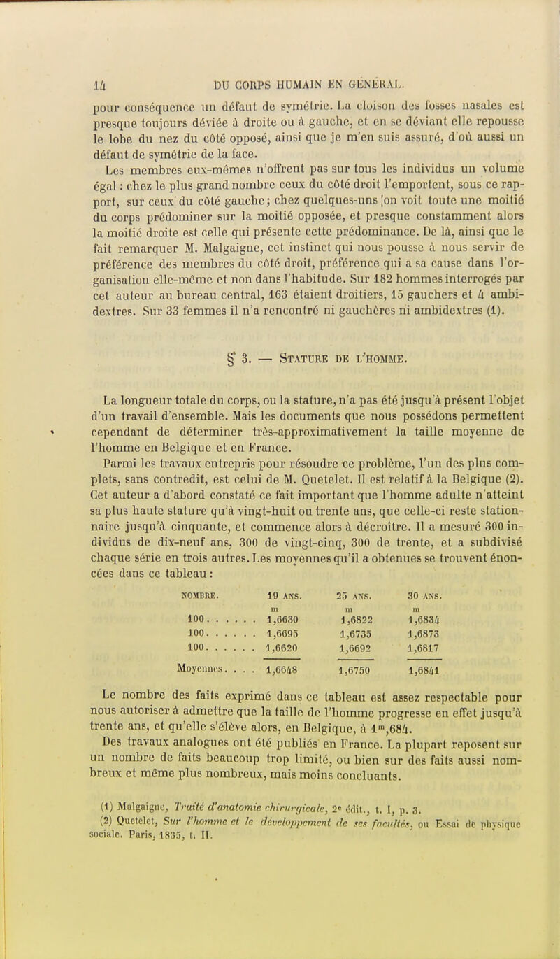 pour conséquence un défaut de symétrie. Lu cloison des fosses nasales est presque toujours déviée à droite ou à gauche, et en se déviant elle repousse le lobe du nez du côté opposé, ainsi que je m'en suis assuré, d'où aussi un défaut de symétrie de la face. Les membres eux-mêmes n'offrent pas sur tous les individus un volume égal : chez le plus grand nombre ceux du côté droit l'emportent, sous ce rap- port, sur ceux'du côté gauche; chez quelques-uns |on voit toute une moitié du corps prédominer sur la moitié opposée, et presque constamment alors la moitié droite est celle qui présente cette prédominance. De là, ainsi que le fait remarquer M. Malgaigne, cet instinct qui nous pousse à nous servir de préférence des membres du côté droit, préférence qui a sa cause dans l'or- ganisation elle-même et non dans l'habitude. Sur 182 hommes interrogés par cet auteur au bureau central, 163 étaient droitiers, 15 gauchers et h ambi- dextres. Sur 33 femmes il n'a rencontré ni gauchères ni ambidextres (1). §'3. — Stature de l'homme. La longueur totale du corps, ou la stature, n'a pas été jusqu'à présent l'objet d'un travail d'ensemble. Mais les documents que nous possédons permettent cependant de déterminer très-approximativement la taille moyenne de l'homme en Belgique et en France. Parmi les travaux entrepris pour résoudre ce problème, l'un des plus com- plets, sans contredit, est celui de M. Quetelet. Il est relatif à la Belgique (2). Cet auteur a d'abord constaté ce fait important que l'homme adulte n'atteint sa plus haute stature qu'à vingt-huit ou trente ans, que celle-ci reste station- naire jusqu'à cinquante, et commence alors à décroître. Il a mesuré 300 in- dividus de dix-neuf ans, 300 de vingt-cinq, 300 de trente, et a subdivisé chaque série en trois autres. Les moyennes qu'il a obtenues se trouvent énon- cées dans ce tableau : NOMBRE. 19 ANS. 25 ANS. 30 ANS. m m m 1,6822 1,6834 100. ... . . 1,6695 1,6735 1,6873 1,6692 1,6817 Moyennes. . . 1,6648 1,6750 1,6841 Le nombre des faits exprimé dans ce tableau est assez respectable pour nous autoriser à admettre que la taille de l'homme progresse en effet jusqu'à trente ans, et qu'elle s'élève alors, en Belgique, à lm,68û. Des travaux analogues ont été publiés en France. La plupart reposent sur un nombre de faits beaucoup trop limité, ou bien sur des faits aussi nom- breux et même plus nombreux, mais moins concluants. (1) Malgaigne, Traité d'anatomie chirurgicale, 2e ddit., t. I, p. 3. (2) Quetelet, Sur l'homme et le développement de ses faculté*, ou Essai de phvsiquc sociale. Paris, 1833, U IL