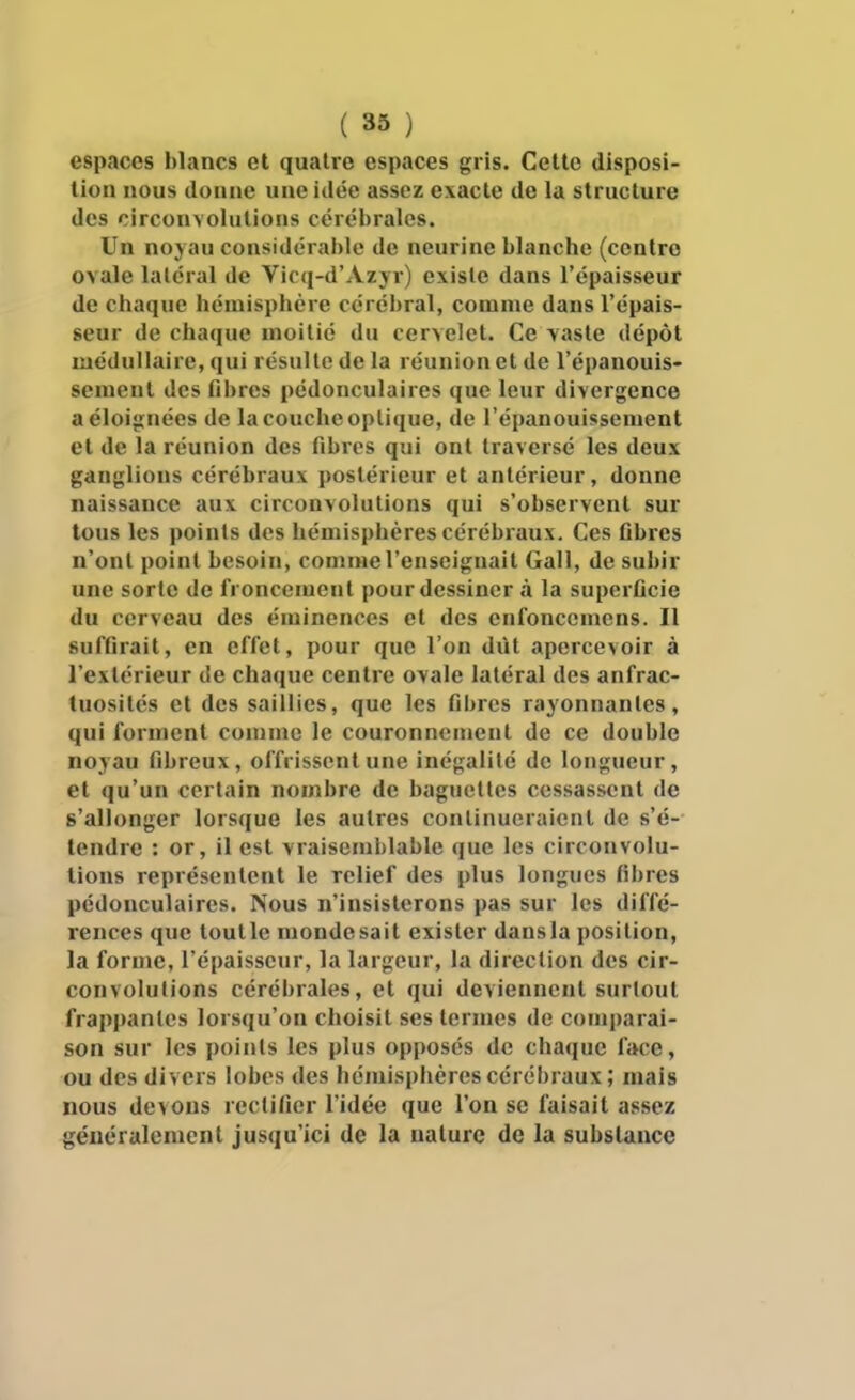 espaces blancs et quatre espaces gris. Celte disposi- tion nous donne une idée assez exacte de la structure des circonvolutions cérébrales. Un noyau considérable de neurine blanche (centre ovale latéral de Vicq-d'Azyr) existe dans l'épaisseur de chaque hémisphère cérél)ral, comme dans l'épais- seur de chaque moitié du cervelet. Ce -vaste dépôt médullaire, qui résulte de la réunion et de l'épanouis- sement des fibres pédonculaires que leur divergence a éloignées de la couche optique, de l'épanouissement et de la réunion des fibres qui ont traversé les deux ganglions cérébraux postérieur et antérieur, donne naissance aux circonvolutions qui s'observent sur tous les points des hémisphères cérébraux. Ces fibres n'ont point besoin, comme l'enseignait Gall, de subir une sorte de froncement pour dessiner à la superficie du cerveau des éminences et des cnfoncomens. Il suffirait, en effet, pour que l'on dût apercevoir à l'extérieur de chaque centre ovale latéral des anfrac- tuosités et des saillies, que les fibres rayonnantes, qui forment comme le couronnement de ce double noyau fibreux, offrissent une inégalité de longueur, et qu'un certain nombre de baguelles cessassent de s'allonger lorsque les autres continueraient de s'é- tendre : or, il est vraisemblable que les circonvolu- tions représentent le relief des plus longues fibres pédonculaires. Nous n'insisterons pas sur les diffé- rences que toutle niondesait exister dansia position, la forme, l'épaisseur, la largeur, la direction des cir- convolutions cérébrales, et qui deviennent surlout frappantes lorsqu'on choisit ses termes de com|)arai- son sur les points les plus opposés de chaque face, ou des divers lobes des hémisphères cérébraux; mais nous devons rectifier l'idée que l'on se faisait assez généralement jusqu'ici de la nature de la substance