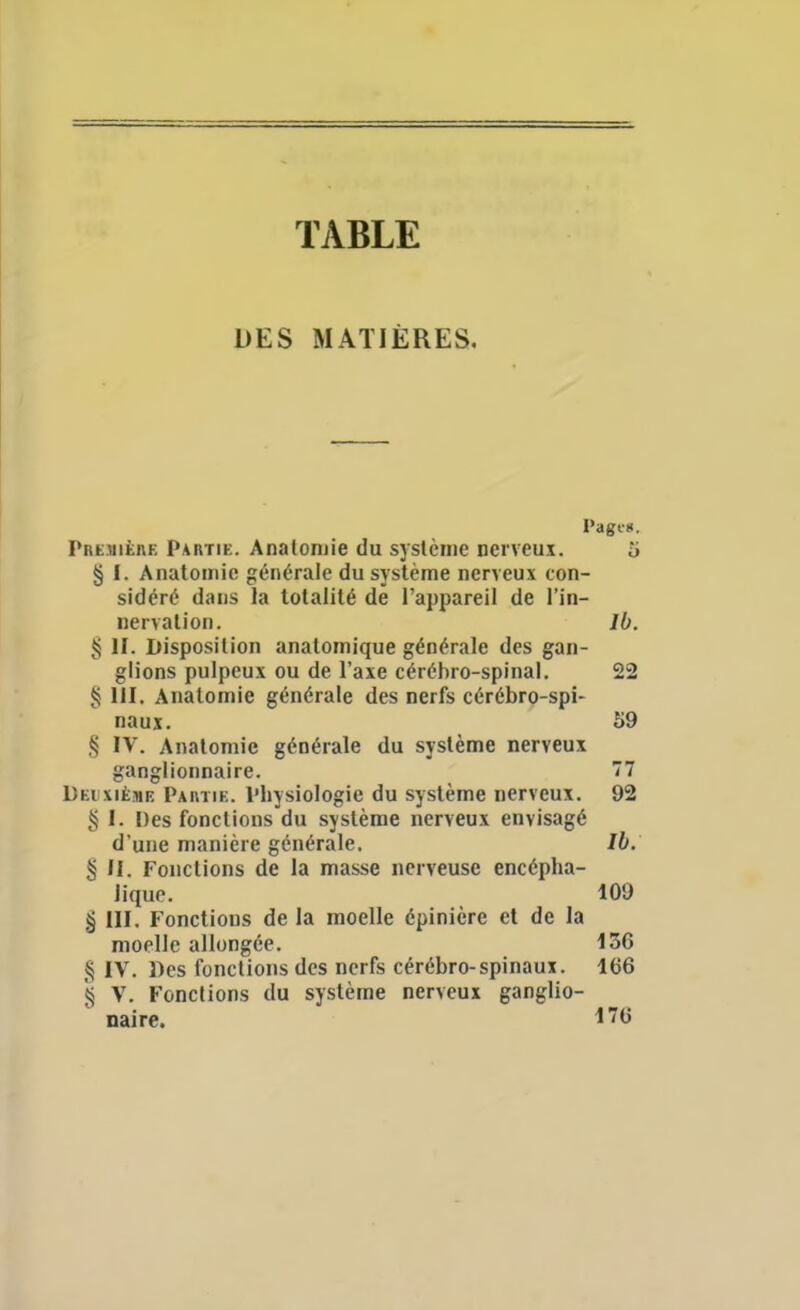 TABLE DES MATIÈRES, PiiEMiÈnE Partie. Analoniie du système nerveux. H § I. Anatomie générale du système nerveux con- sidéré dans la totalité dë l'appareil de l'in- nervation. Ib. ^ II. Disposition anatomique générale des gan- glions pulpeux ou de l'axe cérébro-spinal, 22 § III. Anatomie générale des nerfs cérébro-spi- naux. S9 § IV. Anatomie générale du système nerveux ganglionnaire. 77 Dei xièjie Pai\tie. Physiologie du système nerveux. 92 ^ I. Des fondions du système nerveux envisagé d'une manière générale. II. § II. Fonctions de la masse nerveuse encépha- lique. 109 § m. Fonctions de la moelle épinière et de la moelle allongée. 136 § IV. Des fonctions des nerfs cérébro-spinaux. 166 § V. Fondions du système nerveux ganglio- naire. 176