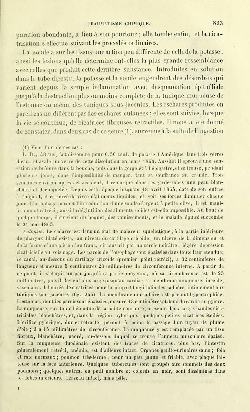 p u ration abondante, a lieu à son pourtour; elle tombe enfin, et la cica- trisation s’effectue suivant les procédés ordinaires. La soude a sur les tissus une action peu différente de celle de la potasse ; aussi les lésions quelle détermine ont-elles la plus grande ressemblance avec celles que produit cette dernière substance. Introduites en solution dans le tube digestif, la potasse et la soude engendrent des désordres qui varient depuis la simple inflammation avec desquamation épithéliale jusqu’à la destruction plus ou moins complète de la tunique muqueuse de l’estomac ou même des tuniques sous-jacentes. Les eschares produites en pareil cas ne diffèrent pas des eschares cutanées ; elles sont suivies, lorsque la vie se continue, de cicatrices fibreuses rétractiles. 11 nous a été donné de constater, dans deux cas decegenre (t), survenus à la suite de l’ingestion (1) Voici l'un de ces cas : L. D., 48 ans, fait dissoudre pour 0,50 cent, de potasse d’Amérique dans trois verres d’eau, et avale un verre de cette dissolution en mars 1864. Aussitôt il éprouve une sen- sation de brûlure dans la bouclie, puis dans la gorge et à l’épigastre, et se trouve, pendant plusieurs jours, dans l’impossibilité de manger, tant sa souffrance est grande. Trois semaines environ après cet accident, il remarque dans ses garde-robes une peau blan- châtre et déchiquetée. Depuis cette époque jusqu’au 18 avril 1865, date de sou entrée à l’hôpital, il est forcé de vivre d’aliments liquides, et voit ses forces diminuer chaque jour. L’œsophage permet l’introduction d’une sonde d’argent à petite olive, il est mani- festement rétréci; aussi ladéglutition des aliments solides est-elle impossible. Au bout de quelque temps, il survient du hoquet, des vomissements, et le malade épuisé succombe le 21 mai 1865. Autopsie. Le cadavre est dans un état de maigreur squelettique; à la partie inférieure du pharynx dilaté existe, au niveau du cartilage cricoïde, un ulcère de la dimension et de la forme d’une pièce d’un franc, circonscrit par un cercle noirâtre ; légère dépression cicatricielle au voisinage. Les parois de l’œsophage sont épaissies dans toute leur étendue; ce canal, au-dessous du cartilage cricoïde (premier point rétréci), a 32 centimètres de longueur et mesure 5 centimètres 23 millimètres de circonférence interne. X partir de ce point, il s’élargit un peu jusqu’à sa partie moyenne, où sa circonférence est de 25 millimètres, puis il devient plus large jusqu’au cardia; sa membrane muqueuse, inégale, vasculaire, labourée de cicatrices pour la plupart longitudinales, adhère intimement aux tuniques sous-jacentes (fig. 266). La membrane musculaire est partout hypertrophiée. L'estomac, dont les parois sont épaissies, mesure 13 cenlimètresetdemidu cardia au pylore. La muqueuse, sur toute l’étendue de la petite courbure, présente deux larges bandes cica- tricielles blanchâtres, el, dans la région pylorique, quelques petites cicatrices étoilées. L’orifice pylorique, dur et rétracté, permet à peine le passage d’un tuyau de plume d’oie ; il a 15 millimètres de circonférence. La muqueuse y est remplacée par un tissu fibreux, blanchâtre, nacré, au-dessous duquel se trouve l’anneau musculaire épaissi. Sur la muqueuse duodénale existent des traces de cicatrices ; plus bas, l’intestin généralement rétréci, anémié, est d’ailleurs intact. Organes génito-urinaires sains ; foie et rate normaux ; poumon très-ferme ; cœur un peu jaune et friable, avec plaque lai- teuse sur la face antérieure. Quelques tubercules sont groupés aux sommets des deux poumons; quelques autres, en petit nombre et colorés en noir, sont disséminés dans es lobes inférieurs. Cerveau intact, mais pâle. 1