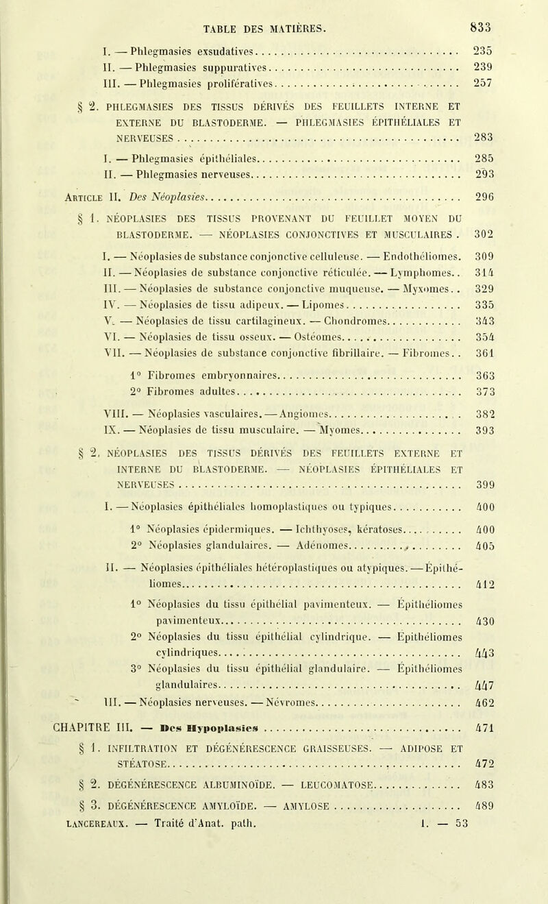 I. —Phlegmasies exsudatives 235 II. —Phlegmasies suppuratives 239 III. —Plilegmasies prolifératives ; 257 § 2. PHLEGMASIES DES TISSUS DÉRIVÉS DES FEUILLETS INTERNE ET EXTERNE DU BLASTODERME. — PHLEGMASIES ÉPITHÉLIALES ET NERVEUSES 283 I. — Plilegmasies épithéliales 285 II. — Plilegmasies nerveuses 293 Article II. Des Néoplasies 296 § 1. NÉOPLASIES DES TISSUS PROVENANT DU FEUILLET MOYEN DU BLASTODERME. — NÉOPLASIES CONJONCTIVES ET MUSCULAIRES . 302 I. — Néoplasies de substance conjonctive celluleuse. — Endothéliomes. 309 II. —Néoplasies de substance conjonctive réticulée. — Lymphomes.. 314 III. — Néoplasies de substance conjonctive muqueuse. —Myxomes.. 329 IV. — Néoplasies de tissu adipeux. — Lipomes 335 V. —Néoplasies de tissu cartilagineux. —Chondromes 343 VI. — Néoplasies de tissu osseux. —Ostéomes 354 VII. — Néoplasies de substance conjonctive fibrillaire. — Fibromes.. 361 1° Fibromes embryonnaires 363 2° Fibromes adultes 373 VIII. — Néoplasies vasculaires. — Angiomes 382 IX. — Néoplasies de tissu musculaire. — Myomes 393 § 2, NÉOPLASIES DES TISSUS DÉRIVÉS DES FEUILLETS EXTERNE ET INTERNE DU BLASTODERME. — NÉOPLASIES ÉPITHÉLIALES ET NERVEUSES 399 I. —Néoplasies épithéliales homoplastiques ou typiques 400 1° Néoplasies épidermiques. —Ichthyoses, kératoses 400 2° Néoplasies glandulaires. — Adénomes > 405 II. — Néoplasies épithéliales hétéroplastiques ou atypiques.—Épithé- liomes 412 1° Néoplasies du tissu épithélial pavimenteux. — Epithéliomes pavimenteux 430 2° Néoplasies du tissu épithélial cylindrique. — Epithéliomes cylindriques U!\ 3 3° Néoplasies du tissu épithélial glandulaire. — Epithéliomes glandulaires 4/|7 III. —Néoplasies nerveuses.—Névromes 462 CHAPITRE III. — Des Hypoplasies 471 § I . INFILTRATION ET DÉGÉNÉRESCENCE GRAISSEUSES. — ADIPOSE ET STÉATOSE 472 § 2. DÉGÉNÉRESCENCE ALBUMINOÏDE. — LEUCOMATOSE 483 § 3. DÉGÉNÉRESCENCE AMYLOÏDE. — AMYLOSE 489 lancereai'x. — Traité d'Anat. palh. 1. — 53