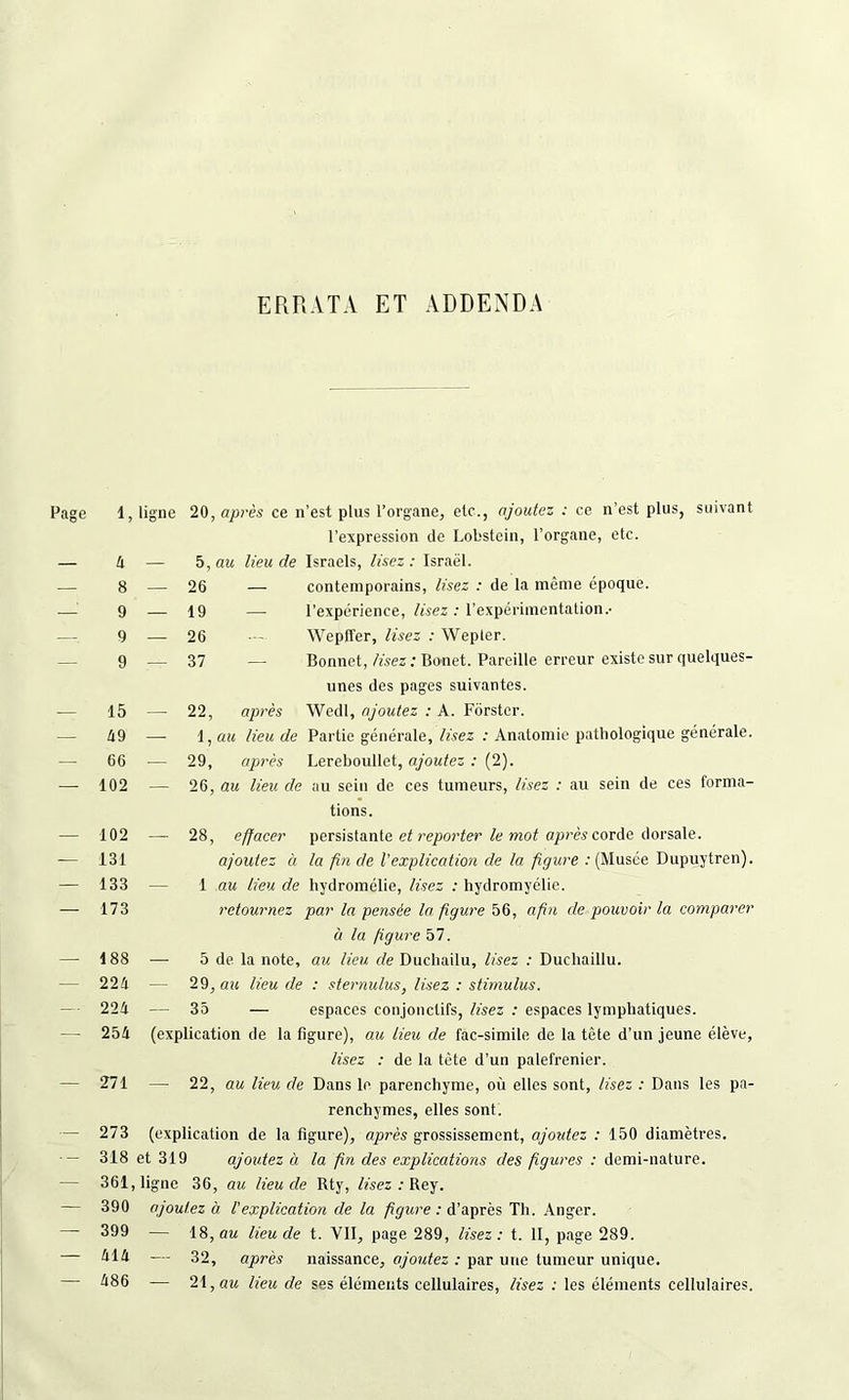 ERRATA ET ADDENDA Page 1, — a — 8 — 9 9 9 15 — ti9 — 66 — 102 — 102 — 131 — 133 — 173 — 188 22a 22a — 25a — 271 — 273 — 318 361 — 390 — 399 — aia — a86 ligne 20, après ce n’est plus l’organe, etc., ajoutez : ce n’est plus, suivant l’expression île Lobstein, l’organe, etc. — 5, au lieu de Israels, lisez : Israël. — 26 — contemporains, lisez : de la même époque. — 19 — l’expérience, lisez : l’expérimentation.- — 26 Wepffer, lisez : Wepler. — 37 _ Bonnet, lisez : Bonet. Pareille erreur existe sur quelques- unes des pages suivantes. — 22, après Wedl, ajoutez : A. Fôrstcr. — 1, au lieu de Partie générale, lisez : Anatomie pathologique générale. — 29, après Lereboullet, ajoutez : (2). — 26, au lieu de au sein de ces tumeurs, lisez : au sein de ces forma- tions. —■ 28, effacer persistante et reporter le mot après corde dorsale. ajoutez à la fin de l'explication de la figure : (Musée Dupuytren). — 1 au lieu de hydromélie, lisez : hydromyélie. retournez par la pensée la figure 56, afin de pouvoir la comparer à la figure 57. — 5 de la note, au lieu de Ducliailu, lisez : Duchaillu. — 29, au lieu de : sternulus, lisez : stimulus. — 35 — espaces conjonctifs, lisez : espaces lymphatiques, (explication de la figure), au lieu de fac-similé de la tête d’un jeune élève, lisez : de la tête d’un palefrenier. — 22, au lieu de Dans le parenchyme, où elles sont, lisez : Dans les pa- renchymes, elles sont. (explication de la figure), après grossissement, ajoutez : 150 diamètres, et 319 ajoutez à la fin des explications des figures : demi-nature. , ligne 36, au lieu de Rty, lisez : Rey. ajoutez à l'explication de la figure : d’après Th. Anger. — 18, au lieu de t. VII, page 289, lisez : t. II, page 289. — 32, après naissance, ajoutez : par une tumeur unique. — 21, au lieu de ses éléments cellulaires, lisez : les éléments cellulaires.