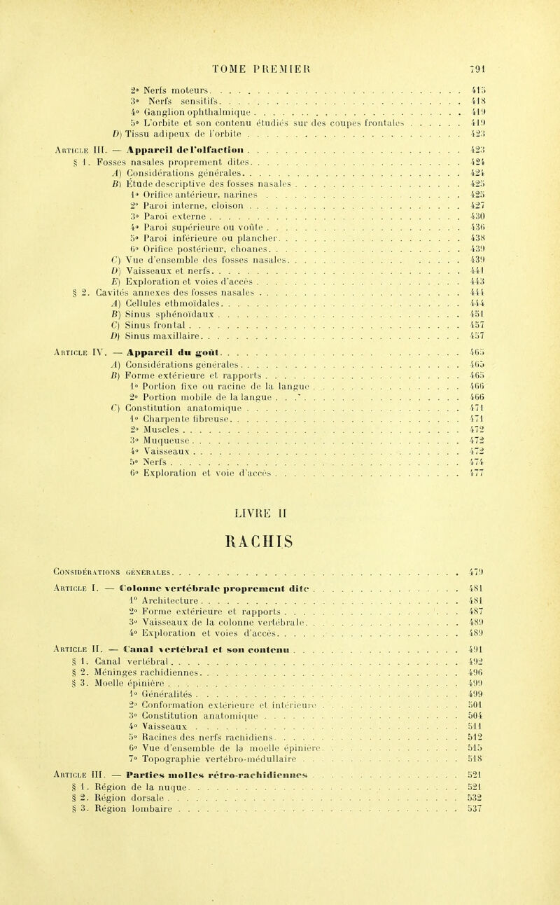 TOME l'KEMIEH 2» Nerfs moteurs 41; 3 Nerfs sonsitils ift 4° Ganglion ophtlialiiiique 4'!'. 5 L'orbite et son contenu étudiés sur des coupes frontales 41! D) Tissu adipeux de l'orbite 42: Auticle III. — Appareil derollactîoii 42' S 1. Fosses nasales proprement dites 42' A) Considérations générales 42i B\ Étude descriptive des fosses nasales 42i: 1 Orifice antérieur, narines 42h 2° Paroi interne, cloison 427 3» Paroi externe 430 4» Paroi supérieure ou voûte 43( 5» Paroi inférieure ou plancber 43H G» Orifice postérieur, clioanes 43!l C) Vue d'ensemble des fosses nasales 43! D) Vaisseaux et nerfs 441 E) Exploration et voies d'accès 443 § 2. Cavités annexes des fosses nasales 441 A) Cellules ethmoïdales 444 B) Sinus sphénoïdaux 4ol C) Sinus frontal 437 D) Sinus maxillaire 457 Article IV. — Appareil du g-oiit 4G; A) Considérations générales 4(ij B) Forme extérieure et rapports 46.' 1» Portion fixe ou racine de la langue 4(i( 2° Portion mobile de la langue ... 406 C) Constitution anatomique 471 1 Charpente fibreuse 'iTl 2° Muscles 472 3» Muqueuse 472 4» 'Vaisseaux 472 5° Nerfs 474 C Exploration et voie d'accès 477 LIVRE ir RACHIS Considérations (iÈNÉRALEs 47!( Article I. — Colonne vertébrale proprement dite 4SI 1 Architecture 4SI 2» Forme extérieui'e et rapports 487 3» Vaisseaux de la colonne vertébrale 48!» 4° Exploration et voies d'accès • 4811 Article II. — Canal vertébral et son eontenii 4!ll § 1. Canal vertébral 4:J2 § 2. Méninges rachidiennes 49G § 3. Moelle épinière 49!) 1° Généralités 499 2» Conformation extérieure et intérieuii; 501 3» Constitution anatomique 504 4» Vaisseaux 511 3» Racines des nerfs rachidiens 512 6° Vue d'ensemble de la moelle épinière 515 7 Topograpliie vertébro-niédullaire 518 Article III, — Parties molles rétro-rachidieiines 521 § 1. Région de la nuque 521 § 2. Région dorsale 532