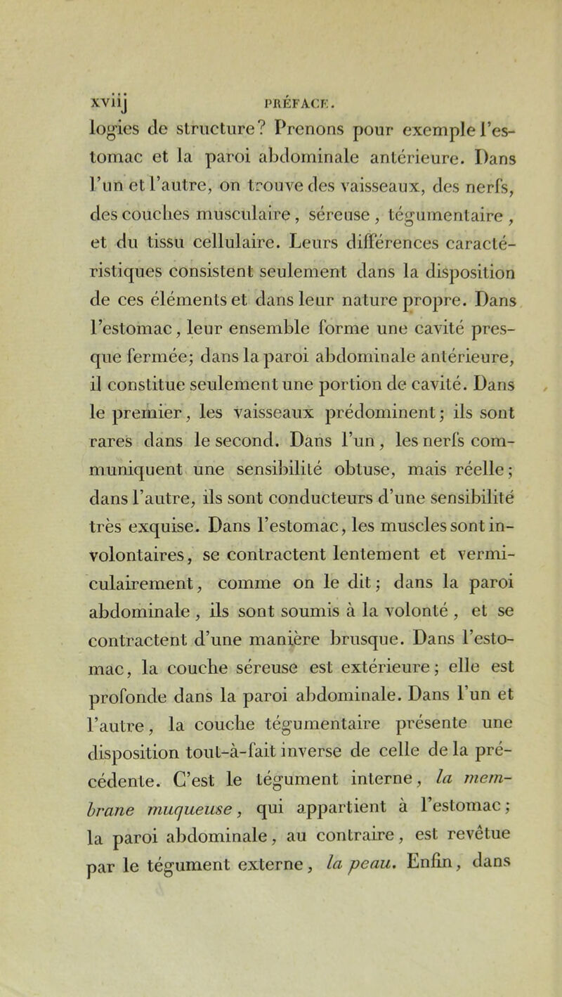 xviij pRÉFAcr:. logies de structure? Prenons pour exemple l’es- tomac et la paroi abdominale anterieure. Dans l’im et l’autre, on trouve des vaisseaux, des nerfs, des couches musculaire, séreuse , tégumentaire , et du tissu cellulaire. Leurs différences caracté- ristiques consistent seulement dans la disposition de ces éléments et dans leur nature propre. Dans l’estomac, leur ensemble forme une cavité pres- que fermée; dans la paroi abdominale antérieure, il constitue seulement une portion de cavité. Dans le premier, les vaisseaux prédominent ; ils sont rares dans le second. Dans l’un, les nerfs com- muniquent une sensibilité obtuse, mais réelle ; dans l’autre, ils sont conducteurs d’une sensibilité très exquise. Dans l’estomac, les muscles sont in- volontaires, se contractent lentement et vermi- culairement, comme on le dit; dans la paroi abdominale , ils sont soumis à la volonté , et se contractent d’une manière brusque. Dans l’esto- mac , la couche séreuse est extérieure ; elle est profonde dans la paroi abdominale. Dans l’un et l’autre, la couche tégumentaire présente une disposition tout-à-fait inverse de celle de la pré- cédente. C’est le tégument interne, la mem- hrane muqueuse, qui appartient à l’estomac ; la paroi abdominale, au contraire, est revetue par le tégument externe, la peau. Enfin, dans
