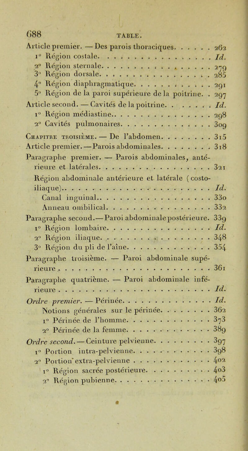 •2O2 Id. (J88 Article premier. —Des parois thoraciques 1“ Rtqpon costale 2“ Réfjion sternale 3 Ré[jion dorsale. . * . 4 Réfjion diaphrajymatique 5 Région de la paroi supérieure de la poitrine. . Article second. —Cavités de la poitrine I” Région médiastine 2 Cavités pulmonaires 279 285 291 Id. 298 309 Chapitre troisième. — De l’abdomen 3i5 Article premier. — Parois abdominales 318 Paragraphe premier. — Parois abdominales^ anté- rieure et latérales 321 Région abdominale antérieure et latérale ( costo- iliaque) Canal inguinal Anneau ombilical Paragraphe second.—Paroi abdominalepostérieure. 1° Région lombaire 2“ Région iliaque. , 3“ Région du pli de l’aine Paragraphe troisième. — Paroi abdominale supé- rieure Id. 33o 332 339 Id. 348 354 36i Paragraphe quatrième. — Paroi abdominale infé- rieure Id. Ordre premier. — Périnée Id. Notions générales sur le périnée 3Ô2 I Périnée de l’homme 3^3 2“ Périnée de la femme 389 Ordre second. — Ceinture pelvienne 397 1“ Portion intra-pelvienne 398 2 Portion* extra-pelvienne 4^2 1° Région sacrée postérieure 4°3 2 Région pubienne 4^3