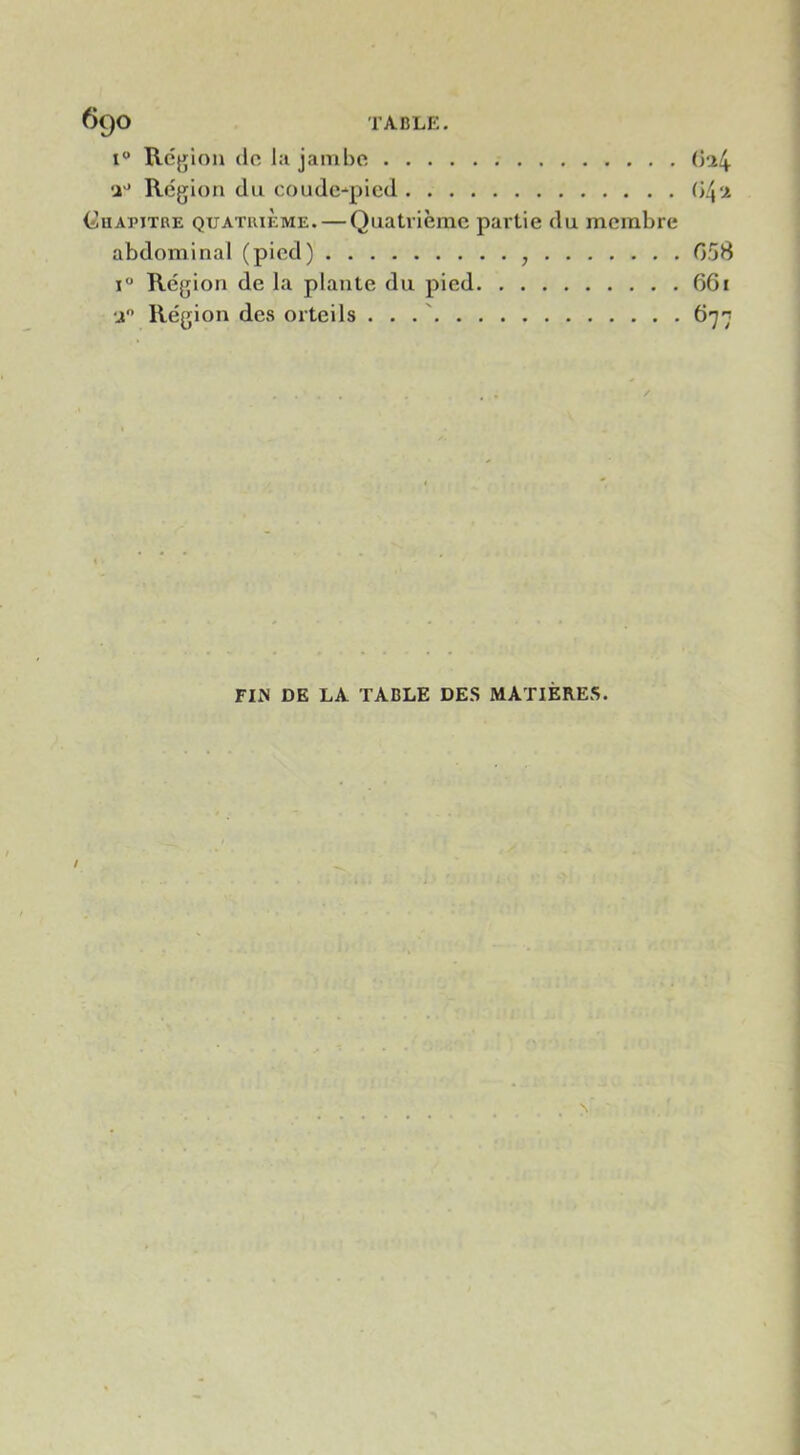 I® Région (le la jambe (1^4 •À'‘ Région du coude-'pied (>4‘2 (iUAPiTRE QUATRIÈME. — Quatrième partie du membre abdominal (pied) , 058 1° Région de la plante du pied 661 U Région des orteils . . . ' / FUS DE LA TABLE DES MATIÈRES.