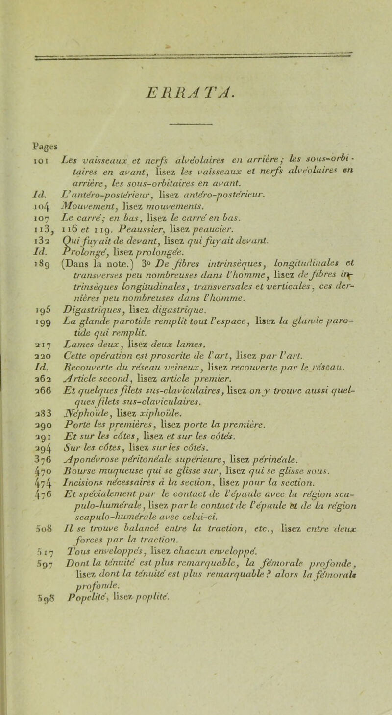 ERRATA. PagL'S loi Les vaisseaux et nerfs alvéolaires en arrière^ U‘.s sous'~oii>i • laires en avant, lisez les vaisseaux et nerfs alvéolaires en arrière, les sous-orbitaires en avant. Id. LJ antéro-postérieur, lisez antéro-postérieur. J 04 Mouvement, lisez mouvements. 107 Le carré^ en bas, lisez le carré en bas. 113, 116 er 119. Peaussier, lisez peaucier. i3a Qui fuyait de devant, lisez qui fuyait devant. Id. Prolongé, lisez prolongée. 189 (Daus la note.) De fibres intrinsèques, longituilinale.s et transverses peu nombreuses dans Vhomme, lisez de fibres trinsèques longitudinales, transversales et verticales, ces der- nières peu nombreuses dans l’homme. 195 Digastriques, lisez digastrique. 199 La glatule parotide remplit tout l’espace, lisez la glande paro- tide qui remplit. ■J 17 Trames deux, lisez deux lames. 320 Cette opération est proscrite de l'art, lisez par l’art. Id. Recouverte du réseau veineux, lisez recouverte par le réseau. 262 yirticle second, lisez article premier. 266 Et quelques filets sus-claviculaires, lisez on y trouve aussi quel- ques filets sus-claviculaires. 2tS3 JVéphoïde, lisez xiphoïde. 290 Porte les premières. Usez porte la première. 291 Et sur les côtes, lisez et sur les côtés. 294 Sur les côtes, lisez sur les côtés. 376 Mponévrose péritonéale supérieure, Usez périnéale. 470 Bourse muqueuse qui se glisse sur, Usez qui se glisse sous. 474 Incisions nécessaires à la section. Usez pour la section. 4 76 Et spécialement par le contactée l’épaule avec la région sca- pulo-humérale, Usez parle contact de l’épaule et de la région scapulo-humérale avec celui-ci. .ïü8 H se trouve balancé entre la traction, etc.. Usez entre deux forces par la traction. h 17 l’ous enveloppés, lisez chacun enveloppé. 597 Dont la ténuité est plus remarquable, la fémorale profonde, Usez dont la ténuité est plus remarquable ? alors la fémorale profonde. 59S Popelilé, Usez poplité.