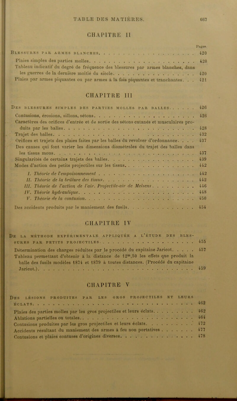 CHAPITRE 11 Pages. Blessures par armes blanches 420 Plaies simples des parties molles 420 Tableau indicatif du degré de fréquence des blessures par armes blanches, dans les guerres de la dernière moitié du siècle 420 Plaies par armes piquantes ou par armes à la fois piquantes et tranchantes. . . 421 CHAPITRE III Des blessures simples des parties molles par balles 42G Contusions, érosions, sillons, sétons 426 Caractères des orifices d’entrée et de sortie des sétons cutanés et musculaires pro- duits par les balles . 428 Trajet des balles 432 Orifices et trajets des plaies faites par les balles du revolver d’ordonnance. . . . 437 Des causes qui font varier les dimensions diamétrales du trajet des balles dans les tissus mous 437 Singularités de certains trajets des balles 439 Modes d’action des petits projectiles sur les tissus 442 I. Théorie de T empoisonnement 442 //. Théorie de ta brûlure des tissus 442 III. Théorie de l’action de l'air. Projectile-air de Melsens 446 IV. Théorie hydraulique 448 V. Théorie de la contusion 450 Des accidents produits par le maniement des fusils 454 CHAPITRE IV De la méthode expérimentale appliquée a l’étude: des bles- sures par petits projectiles 455 Détermination des charges réduites par le procédé du capitaine Jaricot 457 Tableau permettant d’obtenir à la distance de 12m,50 les effets que produit la balle des fusils modèles 1874 et 1879 à toutes distances. (Procédé du capitaine Jaricot.) 459 CHAPITRE Y Des lésions produites par les gros projectiles et leurs éclats 462 Plaies des parties molles par les gros projectiles et leurs éclats 462 Ablations partielles ou totales 464 Contusions produites par les gros projectiles et leurs éclats 472 Accidents résultant du maniement des armes à feu non portatives 477 Contusions et plaies contuses d’origines diverses 478