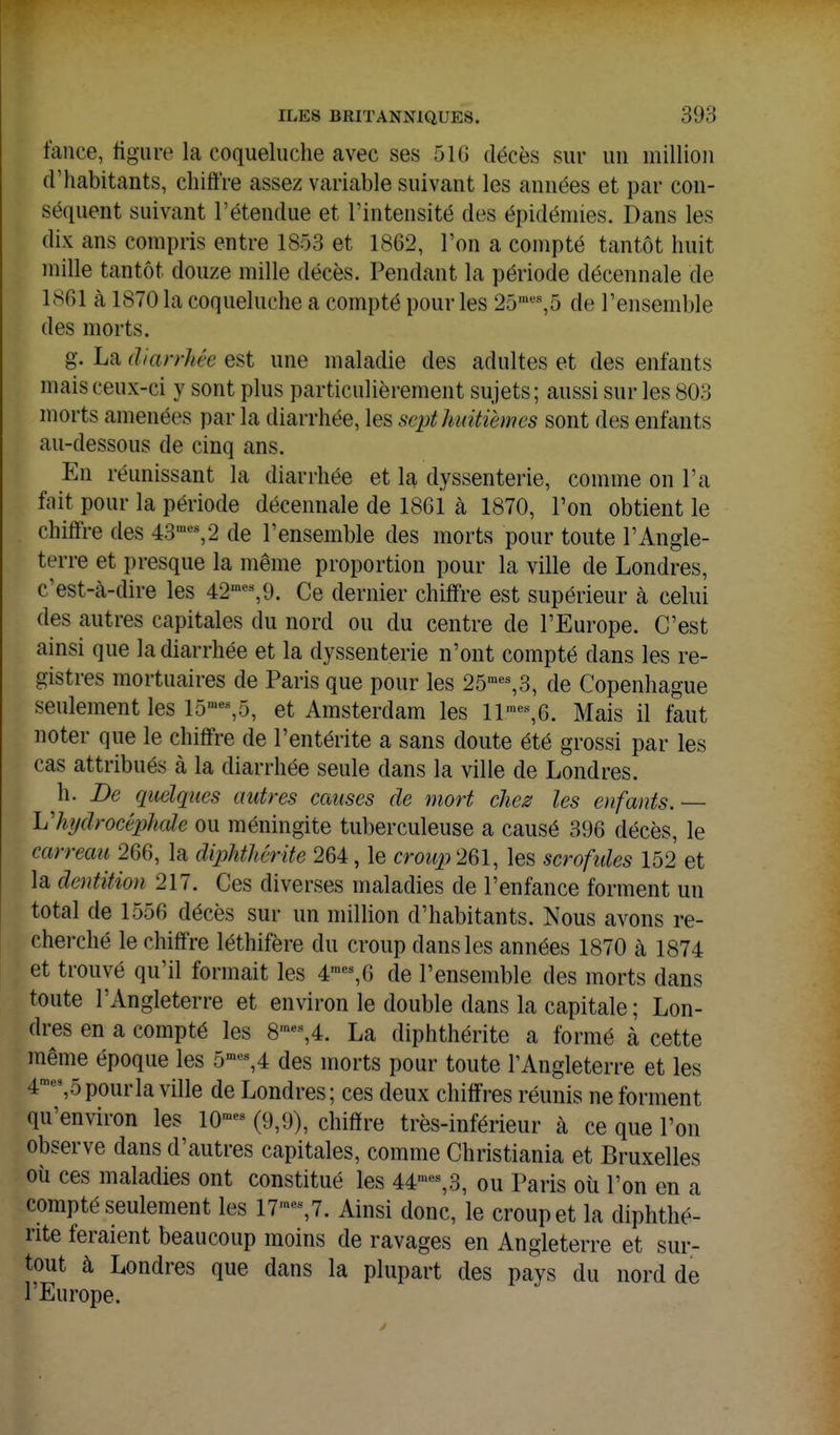 lance, figure la coqueluche avec ses 516 décès sur un million d'habitants, chiffre assez variable suivant les années et par con- séquent suivant l'étendue et l'intensité des épidémies. Dans les dix ans compris entre 1853 et 1862, l'on a compté tantôt huit mille tantôt douze mille décès. Pendant la période décennale de 1861 à 1870 la coqueluche a compté pour les 25^^5 de l'ensemble des morts. g. La diarrhée est une maladie des adultes et des enfants mais ceux-ci y sont plus particulièrement sujets; aussi sur les 803 morts amenées par la diarrhée, les sept huitièmes sont des enfants au-dessous de cinq ans. En réunissant la diarrhée et la dyssenterie, comme on l'a fait pour la période décennale de 186i à 1870, Ton obtient le chiffre des 43^S2 de l'ensemble des morts pour toute l'Angle- terre et presque la même proportion pour la ville de Londres, c'est-à-dire les 42--,9. Ce dernier chiffre est supérieur à celui des autres capitales du nord ou du centre de l'Europe. C'est ainsi que la diarrhée et la dyssenterie n'ont compté dans les re- gistres mortuaires de Paris que pour les 25=%3, de Copenhague seulement les 15™-,5, et Amsterdam les lP-,6. Mais il faut noter que le chiffre de l'entérite a sans doute été grossi par les cas attribués à la diarrhée seule dans la ville de Londres. h. De quelques autres causes de mort ches les enfants.— Vhydrocéplicde ou méningite tuberculeuse a causé 396 décès, le carreau 266, la diphthérite 264, le croup 261, les scrofules 152 et la dentition 217. Ces diverses maladies de l'enfance forment un total de 1556 décès sur un million d'habitants. Nous avons re- cherché le chiffre léthifère du croup dans les années 1870 à 1874 et trouvé qu'il formait les 4',6 de l'ensemble des morts dans toute l'Angleterre et environ le double dans la capitale ; Lon- dres en a compté les 8'-,4. La diphthérite a formé à cette même époque les 5'»-,4 des morts pour toute l'Angleterre et les 4'',5 pour la ville de Londres; ces deux chiffres réunis ne forment qu'environ les 10-- (9,9), chiffre très-inférieur à ce que l'on observe dans d'autres capitales, comme Christiania et Bruxelles où ces maladies ont constitué les 44'^3, ou Paris où l'on en a compté seulement les 17™-,7. Ainsi donc, le croup et la diphthé- rite feraient beaucoup moins de ravages en Angleterre et sur- tout à Londres que dans la plupart des pays du nord de l'Europe.