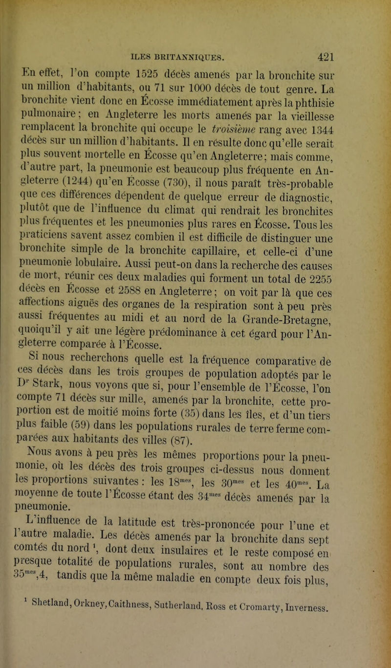 En effet, l'on compte 1525 décès amenés par la bronchite sur un million d'habitants, ou 71 sur 1000 décès de tout genre. La bronchite vient donc en Écosse immédiatement après la phthisie pulmonaire ; en Angleterre les morts amenés par la vieillesse remplacent la bronchite qui occupe le troisième rang avec 1344 décès sur un million d'habitants. Il en résulte donc qu'elle serait ])lus souvent mortelle en Écosse qu'en Angleterre; mais comme, d'autre part, la pneumonie est beaucoup plus fréquente en An- gleterre (1244) qu'en Ecosse (730), il nous paraît très-probable que ces différences dépendent de quelque erreur de diagnostic, plutôt que de l'influence du climat qui rendrait les bronchites plus fréquentes et les pneumonies plus rares en Écosse. Tous les praticiens savent assez combien il est difficile de distinguer une bronchite simple de la bronchite capillaire, et celle-ci d'une pneumonie lobulaire. Aussi peut-on dans la recherche des causes de mort, réunir ces deux maladies qui forment un total de 2255 décès en Écosse et 2588 en Angleterre; on voit par là que ces affections aiguës des organes de la respiration sont à peu près aussi fréquentes au midi et au nord de la Grande-Bretagne, quoiqu'il y ait une légère prédominance à cet égard pour l'An- gleterre comparée à l'Écosse. Si nous recherchons quelle est la fréquence comparative de ces décès dans les trois groupes de population adoptés par le J) Stark, nous voyons que si, pour l'ensemble de l'Ecosse, Ton compte 71 décès sur mille, amenés par la bronchite, cette pro- portion est de moitié moins forte (35) dans les îles, et d'un tiers plus laible (59) dans les populations rurales de terre ferme com- parées aux habitants des villes (87). Nous avons à peu près les mêmes proportions pour la pneu- monie, où les décès des trois groupes ci-dessus nous donnent les proportions suivantes : les 18'^ les 30'' et les 40''' La moyenne de toute l'Écosse étant des 34- décès amenés par la pneumonie. L'influence de la latitude est très-prononcée pour l'une et 1 autre maladie. Les décès amenés par la bronchite dans sept comtés du nord dont deux insulaires et le reste composé en presque totahté de populations rurales, sont au nombre des ào'\4:, tandis que la même maladie eu compte deux fois plus, ' Shetland, Orkney,Caithaess, Sutherlaiid. Ross et Cromarty, Inverness.