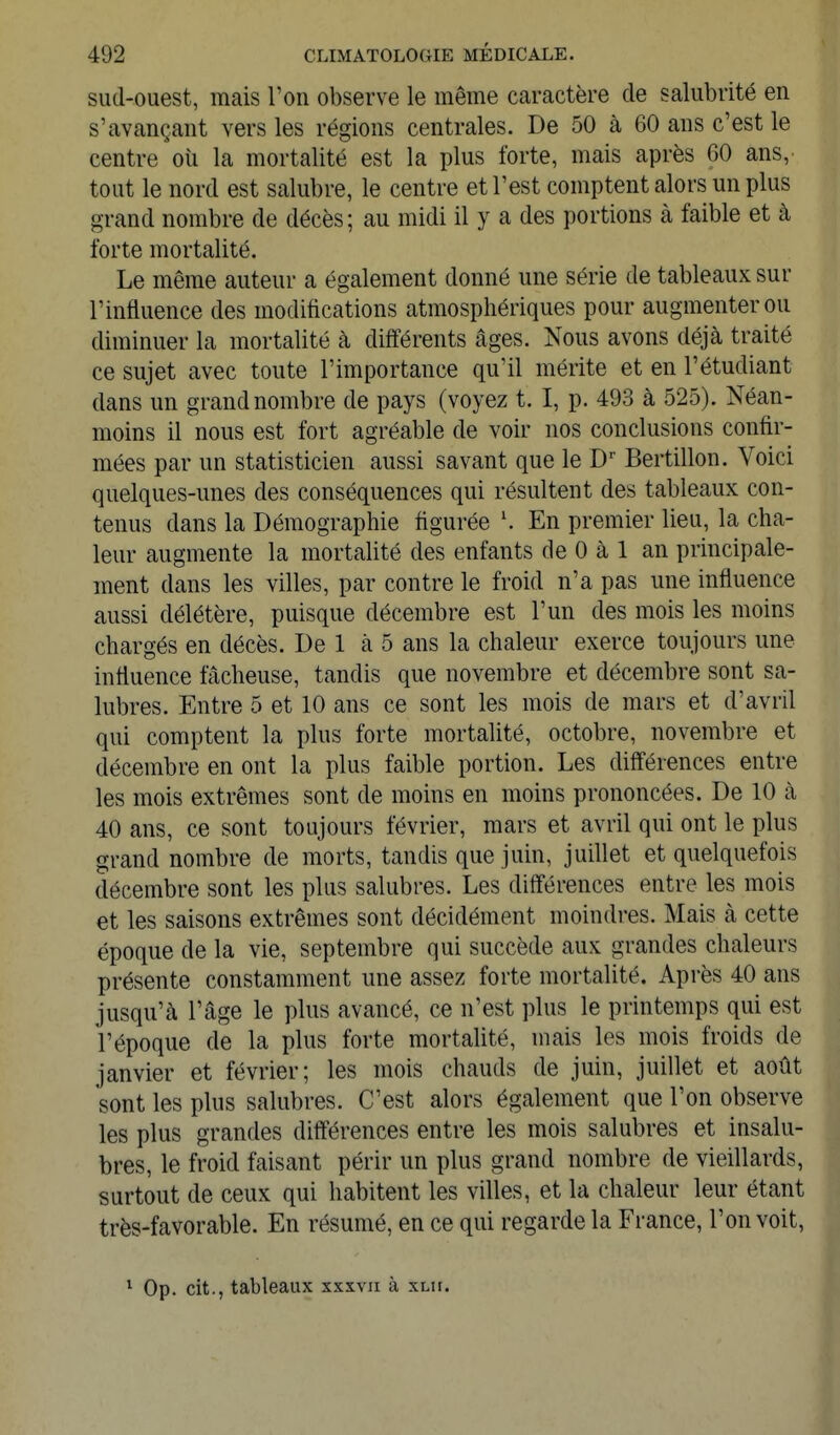 sud-ouest, mais l'on observe le même caractère de salubrité en s'avançant vers les régions centrales. De 50 à 60 ans c'est le centre où la mortalité est la plus forte, mais après 60 ans,, tout le nord est salubre, le centre et l'est comptent alors un plus grand nombre de décès; au midi il y a des portions à faible et à forte mortalité. Le même auteur a également donné une série de tableaux sur l'influence des modifications atmosphériques pour augmenter ou diminuer la mortalité à différents âges. Nous avons déjà traité ce sujet avec toute l'importance qu'il mérite et en l'étudiant dans un grand nombre de pays (voyez t. I, p. 493 à 525). Néan- moins il nous est fort agréable de voir nos conclusions confir- mées par un statisticien aussi savant que le D' Bertillon. Voici quelques-unes des conséquences qui résultent des tableaux con- tenus dans la Démographie figurée \ En premier lieu, la cha- leur augmente la mortahté des enfants de 0 à 1 an principale- ment dans les villes, par contre le froid n'a pas une influence aussi délétère, puisque décembre est l'un des mois les moins chargés en décès. De 1 à 5 ans la chaleur exerce toujours une influence fâcheuse, tandis que novembre et décembre sont sa- lubres. Entre 5 et 10 ans ce sont les mois de mars et d'avril qui comptent la plus forte mortahté, octobre, novembre et décembre en ont la plus faible portion. Les différences entre les mois extrêmes sont de moins en moins prononcées. De 10 à 40 ans, ce sont toujours février, mars et avril qui ont le plus grand nombre de morts, tandis que juin, juillet et quelquefois décembre sont les plus salubres. Les différences entre les mois et les saisons extrêmes sont décidément moindres. Mais à cette époque de la vie, septembre qui succède aux grandes chaleurs présente constamment une assez forte mortalité. Après 40 ans jusqu'à l'âge le plus avancé, ce n'est plus le printemps qui est l'époque de la plus forte mortalité, mais les mois froids de janvier et février; les mois chauds de juin, juillet et août sont les plus salubres. C'est alors également que l'on observe les plus grandes différences entre les mois salubres et insalu- bres, le froid faisant périr un plus grand nombre de vieillards, surtout de ceux qui habitent les villes, et la chaleur leur étant très-favorable. En résumé, en ce qui regarde la France, l'on voit, ^ Op. cit., tableaux xxxvii à xlii.