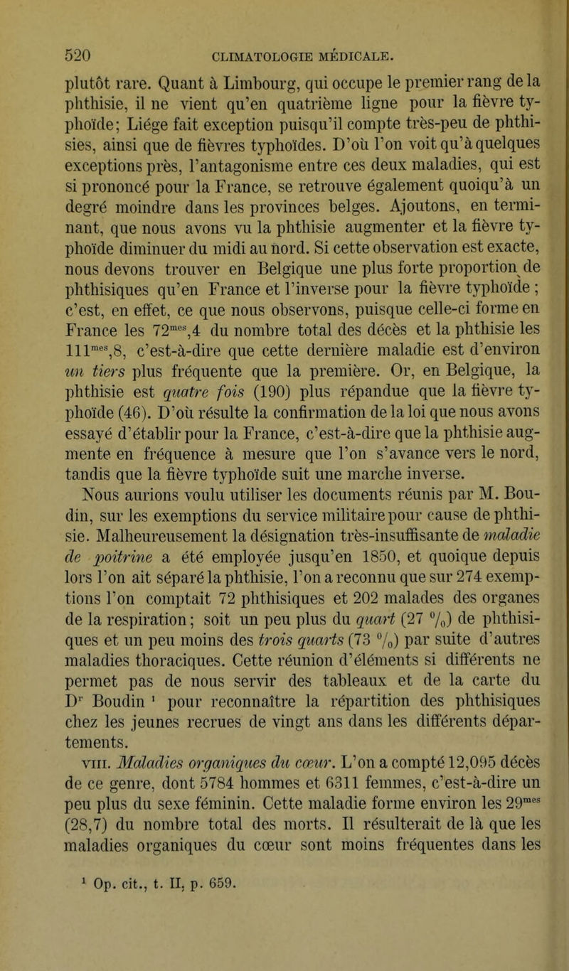 plutôt rare. Quant à Lirabourg, qui occupe le premier rang de la phthisie, il ne vient qu'en quatrième ligne pour la fièvre ty- phoïde; Liège fait exception puisqu'il compte très-peu de phthi- sies, ainsi que de fièvres typhoïdes. D'oîi l'on voit qu'à quelques exceptions près, l'antagonisme entre ces deux maladies, qui est si prononcé pour la France, se retrouve également quoiqu'à un degré moindre dans les provinces belges. Ajoutons, en termi- nant, que nous avons vu la phthisie augmenter et la fièvre ty- phoïde diminuer du midi au nord. Si cette observation est exacte, nous devons trouver en Belgique une plus forte proportion de phthisiques qu'en France et l'inverse pour la fièvre typhoïde ; c'est, en effet, ce que nous observons, puisque celle-ci forme en France les 72'«%4 du nombre total des décès et la phthisie les lll'°'',8, c'est-à-dire que cette dernière maladie est d'environ un tiers plus fréquente que la première. Or, en Belgique, la phthisie est quatre fois (190) plus répandue que la fièvre ty- phoïde (46). D'où résulte la confirmation de la loi que nous avons essayé d'établir pour la France, c'est-à-dire que la phthisie aug- mente en fréquence à mesure que l'on s'avance vers le nord, tandis que la fièvre typhoïde suit une marche inverse. Nous aurions voulu utiliser les documents réunis par M. Bou- din, sur les exemptions du service militaire pour cause de phthi- sie. Malheureusement la désignation très-insuffisante de maladie de poitrine a été employée jusqu'en 1850, et quoique depuis lors l'on ait séparé la phthisie, l'on a reconnu que sur 274 exemp- tions l'on comptait 72 phthisiques et 202 malades des organes de la respiration ; soit un peu plus du quart (27 %) de phthisi- ques et un peu moins des trois quarts (73 %) P^r suite d'autres maladies thoraciques. Cette réunion d'éléments si différents ne permet pas de nous servir des tableaux et de la carte du D' Boudin ' pour reconnaître la répartition des phthisiques chez les jeunes recrues de vingt ans dans les différents dépar- tements. VIII. Maladies organiques du cœur. L'on a compté 12,095 décès de ce genre, dont 5784 hommes et 6311 femmes, c'est-à-dire un peu plus du sexe féminin. Cette maladie forme environ les 29°' (28,7) du nombre total des morts. Il résulterait de là que les maladies organiques du cœur sont moins fréquentes dans les ^ Op. cit., t. II, p. 659.