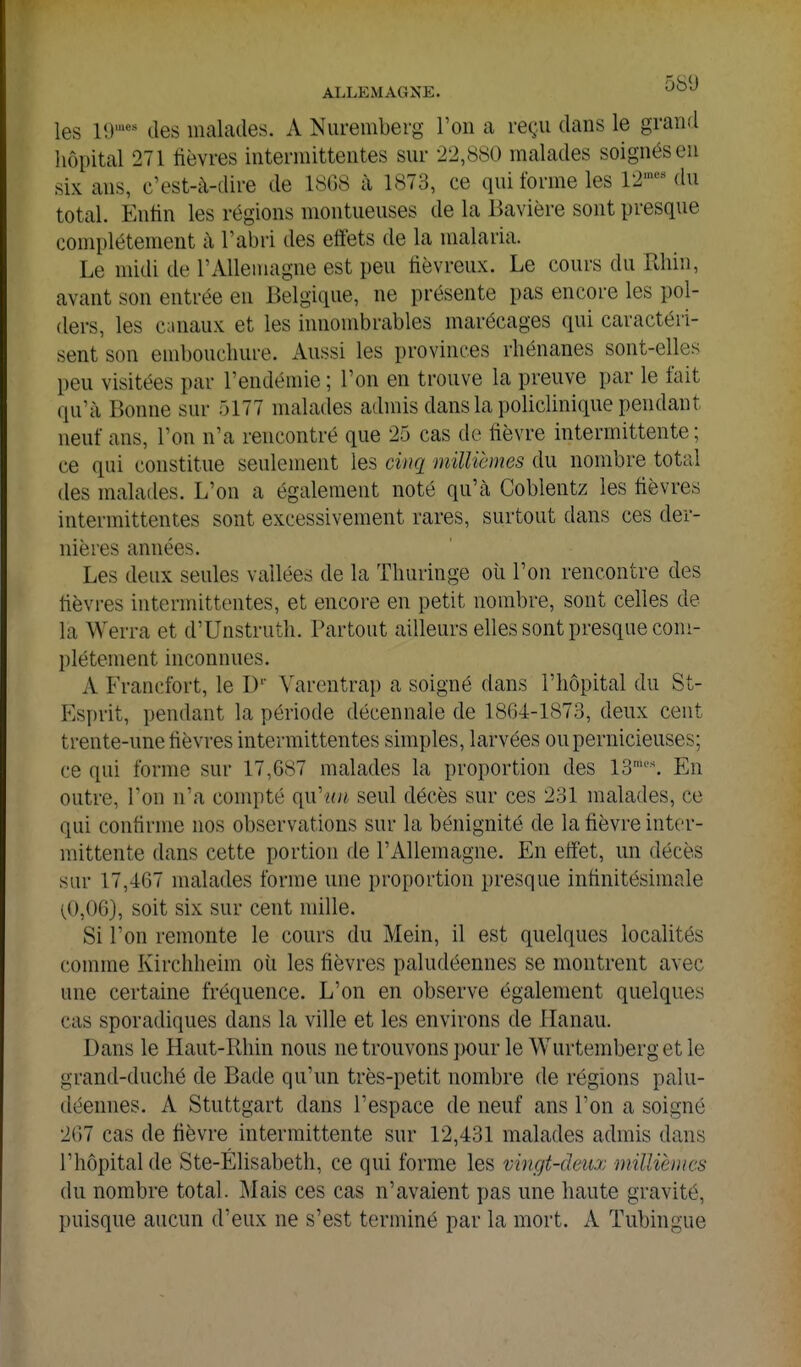 les 1!)''' des malades. A Nuremberg l'on a reçu dans le grand liôpital 271 lièvres intermittentes sur 22,880 malades soignés en six ans, c'est-à-dire de 18G8 à 1873, ce qui forme les 12-'^^ du total. Enlin les régions montueuses de la Bavière sont presque complètement à l'abri des effets de la malaria. Le midi de l'Allemagne est peu lièvreux. Le cours du Rhin, avant son entrée en Belgique, ne présente pas encore les pol- ders, les canaux et les innombrables marécages qui caractéri- sent son embouchure. Aussi les provinces rhénanes sont-elles peu visitées par l'endémie ; l'on en trouve la preuve par le fait qu'à Bonne sur 5177 malades admis dans la policlinique pendant neuf ans, l'on n'a rencontré que 25 cas de fièvre intermittente; ce qui constitue seulement les cinq miUicmes du nombre total des malades. L'on a également noté qu'à Coblentz les fièvres intermittentes sont excessivement rares, surtout dans ces der- nières années. Les deux seules vallées de la Thuringe où l'on rencontre des fièvres intermittentes, et encore en petit nombre, sont celles de la Werra et d'Unstruth. Partout ailleurs elles sont presque com- l)létement inconnues. A Francfort, le D' Varentrap a soigné dans l'hôpital du St- Esprit, pendant la période décennale de 1864-1873, deux cent trente-une fièvres intermittentes simples, larvées ou pernicieuses; ce qui forme sur 17,687 malades la proportion des 13'\ En outre, l'on n'a compté ([iVuii seul décès sur ces 231 malades, ce qui confirme nos observations sur la bénignité de la fièvre inter- mittente dans cette portion de l'Allemagne. En effet, un décès sur 17,467 malades forme une proportion presque infinitésimale (,0,06), soit six sur cent mille. Si l'on remonte le cours du Mein, il est quelques localités comme Kirchheim oîi les fièvres paludéennes se montrent avec une certaine fréquence. L'on en observe également quelques cas sporadiques dans la ville et les environs de Hanau. Dans le Haut-Rhin nous ne trouvons })Our le Wurtemberg et le grand-duché de Bade qu'un très-petit nombre de régions palu- déennes. A Stuttgart dans l'espace de neuf ans l'on a soigné 207 cas de fièvre intermittente sur 12,431 malades admis dans l'hôpital de Ste-Élisabeth, ce qui forme les vingt-deux miUiènics du nombre total. Mais ces cas n'avaient pas une haute gravité, puisque aucun d'eux ne s'est terminé par la mort. A Tubingue