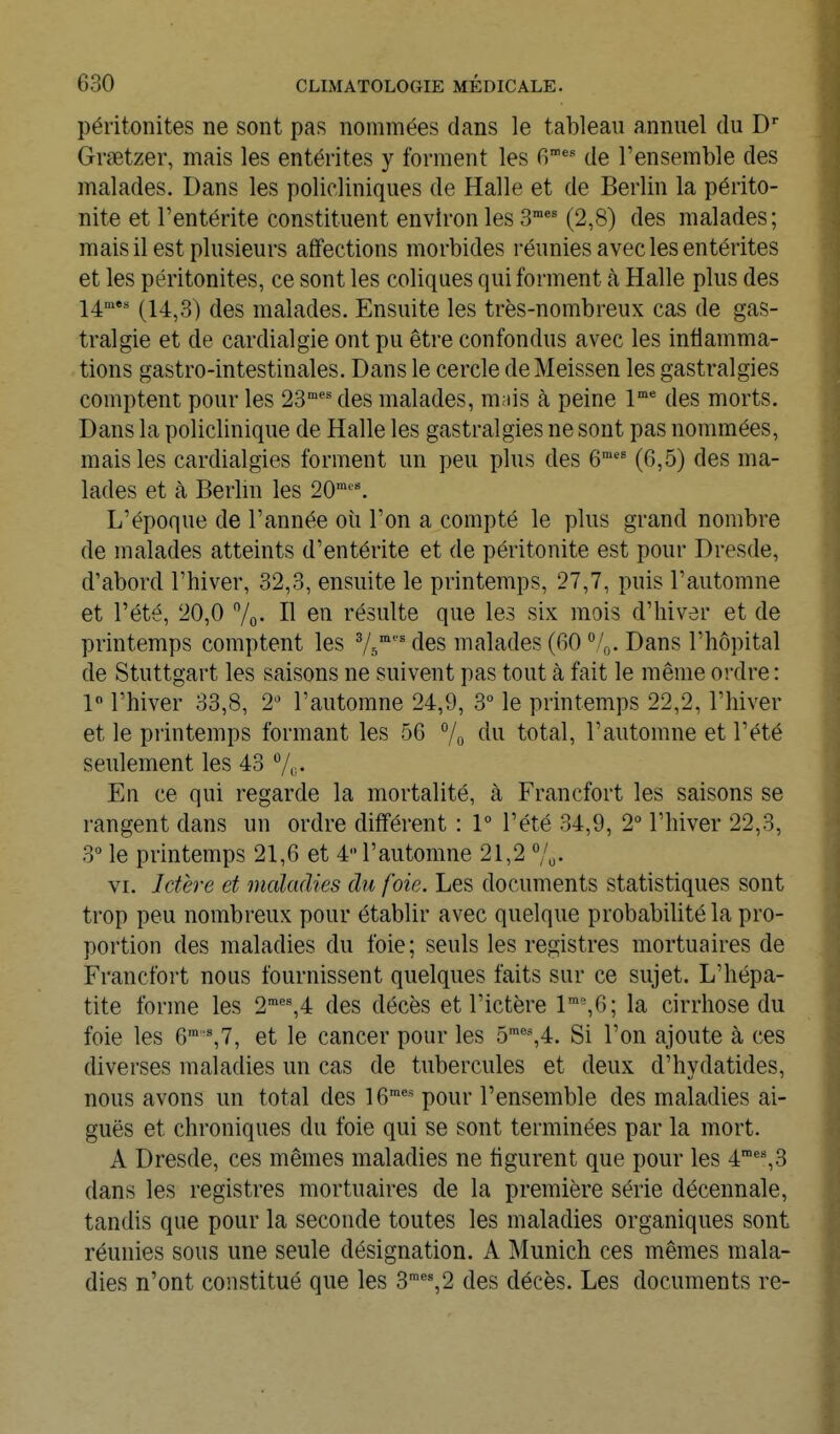 péritonites ne sont pas nommées dans le tableau annuel du D'' Graetzer, mais les entérites y forment les C)^' de l'ensemble des malades. Dans les policliniques de Halle et de Berlin la périto- nite et l'entérite constituent environ les 3™ (2,8) des malades; mais il est plusieurs affections morbides réunies avec les entérites et les péritonites, ce sont les coliques qui forment à Halle plus des l^mts (14^3) (Jes malades. Ensuite les très-nombreux cas de gas- tralgie et de cardialgie ont pu être confondus avec les inflamma- tions gastro-intestinales. Dans le cercle deMeissen les gastralgies comptent pour les 23' des malades, mais à peine 1^ des morts. Dans la policlinique de Halle les gastralgies ne sont pas nommées, mais les cardialgies forment un peu plus des G (6,5) des ma- lades et à Berlin les 20'^''. L'époque de l'année où l'on a compté le plus grand nombre de malades atteints d'entérite et de péritonite est pour Dresde, d'abord l'hiver, 32,3, ensuite le printemps, 27,7, puis l'automne et l'été, 20,0 7o- Il 6n résulte que les six mois d'hiver et de printemps comptent les Vb des malades (60 '•/q. Dans l'hôpital de Stuttgart les saisons ne suivent pas tout à fait le même ordre : 1 l'hiver 33,8, 2 l'automne 24,9, 3° le printemps 22,2, l'hiver et le pi'intemps formant les 56 % du total, l'automne et l'été seulement les 43 7^ - En ce qui regarde la mortalité, à Francfort les saisons se rangent dans un ordre différent : P l'été 34,9, 2° l'hiver 22,3, 3° le printemps 21,6 et 4 l'automne 21,2 %• VI. Ictère et maladies du foie. Les documents statistiques sont trop peu nombreux pour établir avec quelque probabilité la pro- portion des maladies du foie; seuls les registres mortuaires de Francfort nous fournissent quelques faits sur ce sujet. L'hépa- tite forme les 2'*%4 des décès et l'ictère 1°,6; la cirrhose du foie les 6™%7, et le cancer pour les 5'%4. Si l'on ajoute à ces diverses maladies un cas de tubercules et deux d'hydatides, nous avons un total des 16™*' pour l'ensemble des maladies ai- guës et chroniques du foie qui se sont terminées par la mort. A Dresde, ces mêmes maladies ne figurent que pour les 4',3 dans les registres mortuaires de la première série décennale, tandis que pour la seconde toutes les maladies organiques sont réunies sous une seule désignation. A Munich ces mêmes mala- dies n'ont constitué que les 3',2 des décès. Les documents re-