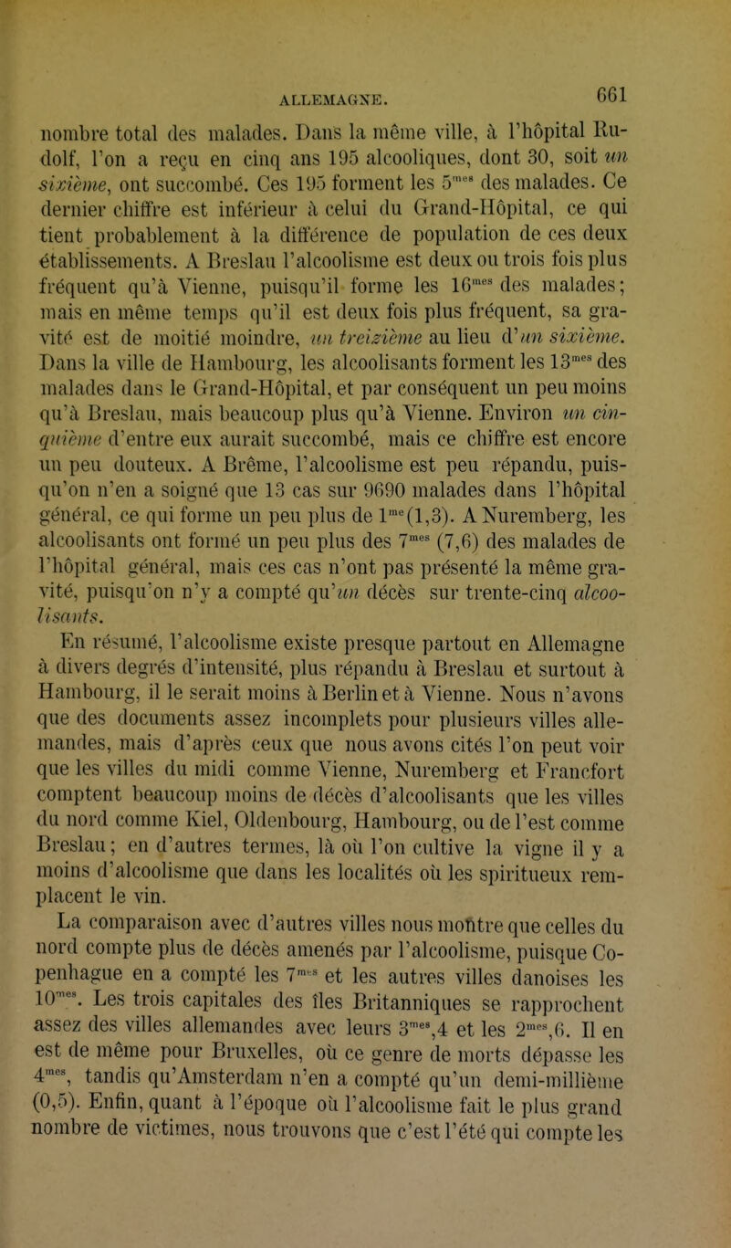 nombre total des malades. Dans la même ville, à l'hôpital llu- dolf, l'on a reçu en cinq ans 195 alcooliques, dont 30, soit un sixième, ont succombé. Ces 195 forment les 5'^ des malades. Ce dernier chiffre est inférieur à celui du Grand-Hôpital, ce qui tient probablement à la différence de population de ces deux établissements. A Breslau l'alcoolisme est deux ou trois fois plus fréquent qu'cà Vienne, puisqu'il forme les IG''des malades; mais en même temps qu'il est deux fois plus fréquent, sa gra- vité est de moitié moindre, im treizième au lieu d'?m sixième. Dans la ville de Hambourg, les alcoolisants forment les 13'''des malades dans le Grand-Hôpital, et par conséquent un peu moins qu'à Breslau, mais beaucoup plus qu'à Vienne. Environ un cin- quième d'entre eux aurait succombé, mais ce chiffre est encore un peu douteux. A Brème, l'alcoolisme est peu répandu, puis- qu'on n'en a soigné que 13 cas sur 9690 malades dans l'hôpital général, ce qui forme un peu plus de l'°''(l,3). A Nuremberg, les alcoolisants ont formé un peu plus des 7'' (7,6) des malades de l'hôpital général, mais ces cas n'ont pas présenté la même gra- vité, puisqu'on n'y a compté ({vCim décès sur trente-cinq alcoo- lisants. En résumé, l'alcoolisme existe presque partout en Allemagne à divers degrés d'intensité, plus répandu à Breslau et surtout à Hambourg, il le serait moins à Berlin et à Vienne. Nous n'avons que des documents assez incomplets pour plusieurs villes alle- mandes, mais d'après ceux que nous avons cités l'on peut voir que les villes du midi comme Vienne, Nuremberg et Francfort comptent beaucoup moins de décès d'alcoolisants que les villes du nord comme Kiel, Oldenbourg, Hambourg, ou de l'est comme Breslau; en d'autres termes, là où l'on cultive la vigne il y a moins d'alcoolisme que dans les localités où les spiritueux rem- placent le vin. La comparaison avec d'autres villes nous montre que celles du nord compte plus de décès amenés par l'alcoolisme, puisque Co- penhague en a compté les 7'* et les autres villes danoises les \0'^'\ Les trois capitales des îles Britanniques se rapprochent assez des villes allemandes avec leurs 3''',4 et les 2'''%6. Il en est de même pour Bruxelles, où ce genre de morts dépasse les 4'''% tandis qu'Amsterdam n'en a compté qu'un demi-millième (0,5). Enfin, quant à l'époque où l'alcoolisme fait le plus grand nombre de victimes, nous trouvons que c'est l'été qui compte les