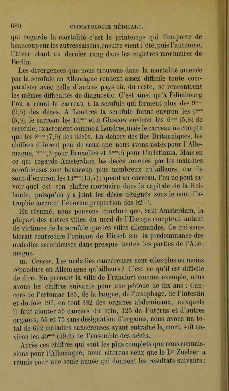 qui regarde la mortalité c'est le printemps qui l'emporte de beaucoup sur les autressaisons,ensuite vient Tété, puis l'automne, l'hiver étant au dernier rang dans les registres mortuaires de Berlin. Les divergences que nous trouvons dans la mortalité amenée par la scrofule en Allemagne rendent assez difficile toute com- paraison avec celle d'autres pays où, du reste, se rencontrent les mêmes difficultés de diagnostic. C'est ainsi qu'à Edimbourg l'on a réuni le carreau à la scrofule qui forment plus des 9 (9,5) des décès. A Londres la scrofule forme environ les 6™^ (5,8), le carreau les 14'^^ et à Glascow environ les 6™^^ (5,8) de scrofule, exactement comme à Londres,mais le carreau ne compte que les 8'M''',9)'des décès. En dehors des îles Britanniques, les chiffres diffèrent peu de ceux que nous avons notés pour l'Alle- magne, 2'''%5 pour Bruxelles et 3''%5 pour Christiania. Maison ce qui regarde Amsterdam les décès amenés par les maladies scrofuleuses sont beaucoup plus nombreux qu'ailleurs, car ils sont d'environ les 14'''^(13,7); quant au carreau, l'on ne peut sa- voir quel est son chiffre mortuaire dans la capitale de la Hol- lande, puisqu'on y a joint les décès désignés sous le nom d'a- trophie formant l'énorme proportion des 92''^. En résumé, nous pouvons conclure que, sauf Amsterdam, la plupart des autres villes du nord de l'Europe comptent autant de victimes de la scrofule que les villes allemandes. Ce qui sem- blerait contredire l'opinion de Hirsch sur la prédominance des maladies scrofuleuses dans presque toutes les parties de l'Alle- magne. m. Cancer. Les maladies cancéreuses sont-elles plus ou moins répandues en Allemagne qu'ailleurs? C'est ce qu'il est difficile de dire. En prenant la ville de Francfort comme exemple, nous avons les chiffres suivants pour une période de dix ans : Can- cers de l'estomac 185, de la langue, de l'œsophage, de l'intestin et du foie 197, en tout 382 des organes abdominaux, auxquels il faut ajouter 55 cancers du sein, 125 de l'utérus et d'autres organes, 55 et 75 sans désignation d'organes, nous avons un to- tal de G92 maladies cancéreuses ayant entraîné la. mort, soit en- viron les 40''' (39,6) de l'ensemble des décès. Après ces chiffres qui sont les plus complets que nous connais- sions pour l'Allemagne, nous citerons ceux que le D' Zuelzer a réunis pour une seule année qui donnent les résultats suivants :