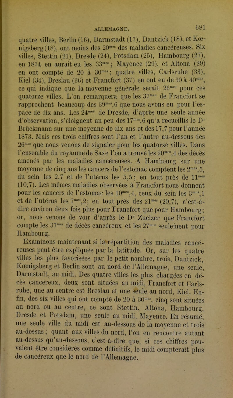 quatre villes, Berlin (10), Darmstaclt (17), Dantzick (18), etKœ- nigsberg(18), ont moins des 20''' des maladies cancéreuses. Six villes, Stettin (21), Dresde (24), Totsdain (25), Hambourg (27), en 1874 en aurait eu les 33''^'' ; Mayence (29), et Altona (29) en ont compté de 20 à 30^ quatre villes, Carlsrulie (33), Kiel (34), Breslau (36) et Francfort (37) en ont eu de 30 à 40■''^ ce qui indique que la moyenne générale serait 26'^' pour ces quatorze villes. L'on remarquera que les 37^^ de Francfort se rapprochent beaucoup des 39,6 que nous avons eu pour l'es- pace de dix ans. Les 24'' de Dresde, d'après une seule année d'observation, s'éloignent un peu des 17''%6 qu'a recueillis le D' Briickmann sur une moyenne de dix ans et des 17,7 pour l'année 1873. Mais ces trois chiffres sont l'un et l'autre au-dessous des 2Qmes q^g QQ^^g venons de signaler pour les quatorze villes. Dans l'ensemble du royaume de Saxe l'on a trouvé les 20,4 des décès amenés par les maladies cancéreuses. A Hambourg sur une moyenne de cinq ans les cancers de l'estomac comptent les 2'''',5, du sein les 2,7 et de l'utérus les 5,5 ; en tout près de 11^' (10,7). Les mêmes maladies observées à Francfort nous donnent pour les cancers de l'estomac les 10''',4, ceux du sein les 3'''',1 et de l'utérus les7^«%2; en tout près des 21'^ (20,7), c'est-à- dire environ deux fois plus pour Francfort que pour Hambourg; or, nous venons de voir d'après le D'' Zuelzer que Francfort compte les 37^^ de décès cancéreux et les 27'^' seulefnent pour Hambourg. Examinons maintenant si la répartition des maladies cancé- reuses peut être expliquée par la latitude. Or, sur les quatre villes les plus favorisées par le petit nombre, trois, Dantzick, Kœnigsberg et Berlin sont au nord de l'Allemagne, une seule, Darmstadt, au midi. Des quatre villes les plus chargées en dé- cès cancéreux, deux sont situées au midi, Francfort et Carls- ruhe, une au centre est Breslau et une seule au nord, Kiel. En- fin, des six villes qui ont compté de 20 à 30'\ cinq sont situées au nord ou au centre, ce sont Stettin, Altona, Hambourg, Dresde et Potsdam, une seule au midi, Mayence. En résumé, une seule ville du midi est au-dessous de la moyenne et trois au-dessus ; quant aux villes du nord, l'on en rencontre autant au-dessus qu'au-dessous, c'est-à-dire que, si ces chiffres pou- vaient être considérés comme définitifs, le midi compterait plus de cancéreux que le nord de l'Allemagne.