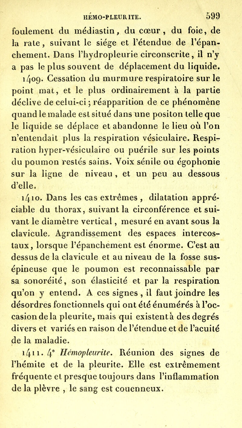 foulement du médiastin, du cœur, du foie, de la raie, suivant le siège et l'étendue de l'épan- chement. Dans l'hydropleurie circonscrite, il n'y a pas le plus souvent de déplacement du liquide. 1409. Cessation du murmure respiratoire sur le point mat, et le plus ordinairement à la partie déclive de celui-ci; réapparition de ce phénomène quand le malade est situé dans une positon telle que le liquide se déplace et abandonne le lieu où Ton n'entendait plus la respiration vésiculaire. Respi- ration hyper-vésiculaire ou puérile sur les points du poumon restés sains. Voix sénile ou égophonie sur la ligne de niveau , et un peu au dessous d'elle, 1410. Dans les cas extrêmes , dilatation appré- ciable du thorax, suivant la circonférence et sui- vant le diamètre vertical, mesuré en avant sous la clavicule. Agrandissement des espaces intercos- taux, lorsque l'épanchement est énorme. C'est au dessus de la clavicule et au niveau de la fosse sus- épineuse que le poumon est reconnaissable par sa sonoréité, son élasticité et par la respiration qu'on y entend. A ces signes, il faut joindre les désordres fonctionnels qui ont été énumérés à l'oc- casion de la pleurite, mais qui existent à des degrés divers et variés en raison de l'étendue et de l'acuité de la maladie. 1411.4° Hémopleurite, Réunion des signes de l'hémite et de la pleurite. Elle est extrêmement fréquente et presque toujours dans l'inflammation de la plèvre , le sang est couenneux.