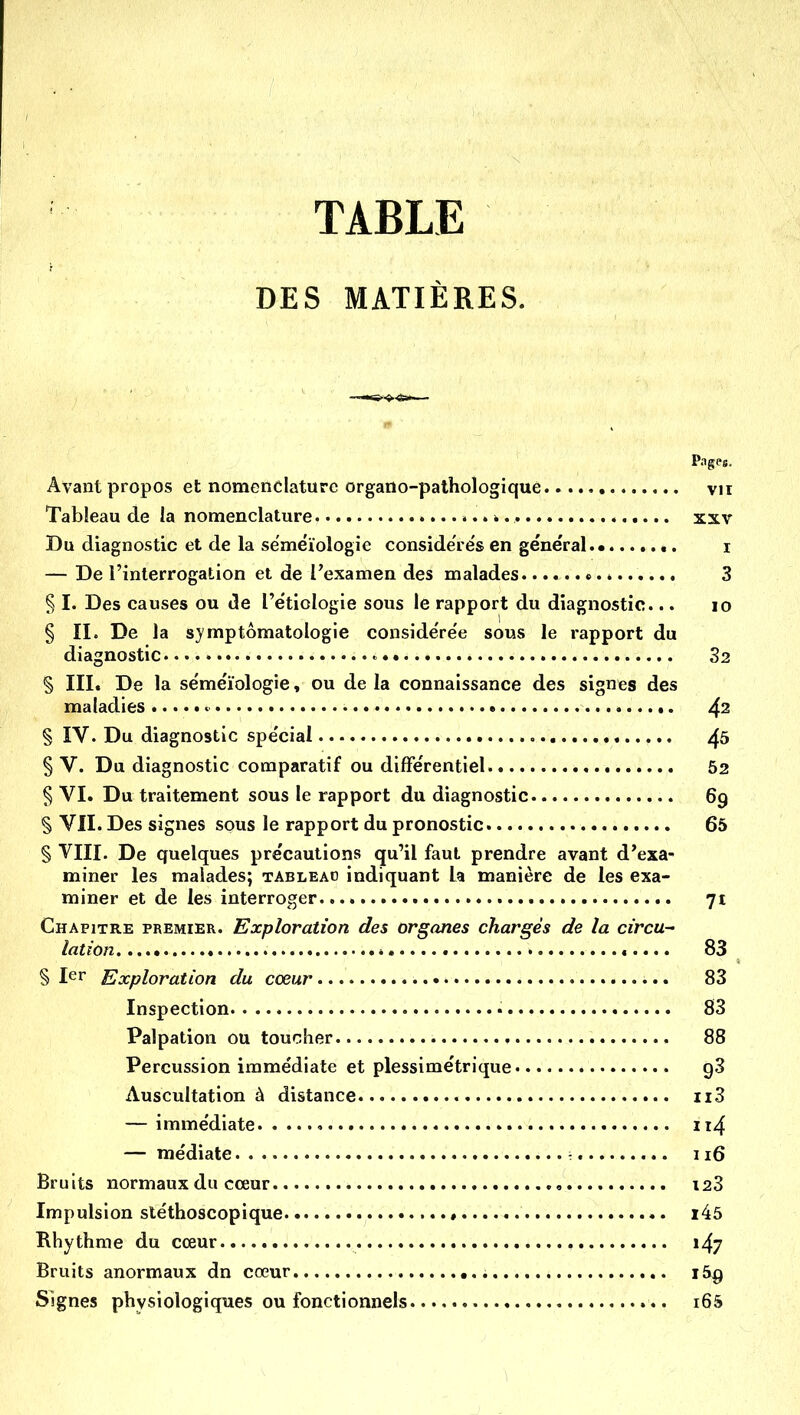 TABLE DES MATIÈRES. Pages. Avant propos et nomenclature organo-palhologiquê vu Tableau de la nomenclature xxv Du diagnostic et de la sëmëïologie considëre's en général.* i — De l'interrogation et de l'examen des malades c. * 3 § I. Des causes ou de l'e'tiologie sous le rapport du diagnostic... lo § IL De la symptômatologie conside're'e sous le rapport du diagnostic « 32 § IIL De la sëmëïologie, ou de la connaissance des signes des maladies < 4^ § IV. Du diagnostic spécial , ^5 § V. Du diagnostic comparatif ou différentiel 52 § VL Du traitement sous le rapport du diagnostic 69 § VIL Des signes sous le rapport du pronostic 65 § VIIL De quelques précautions qu'il faut prendre avant d'exa- miner les malades; tablead indiquant la manière de les exa- miner et de les interroger 71 Chapitre premier. Exploration des organes chargés de la circU lation i 83 § 1er Exploration du cœur 83 Inspection • 83 Palpation ou toucher 88 Percussion immédiate et plessimétrique g3 Auscultation à distance ii3 — immédiate ii4 — médiate : n6 Bruits normaux du cœur i23 Impulsion stéthoscopique ...» i45 Rhythme du cœur 147 Bruits anormaux dn cœur 169 Signes physiologiques ou fonctionnels i65 \