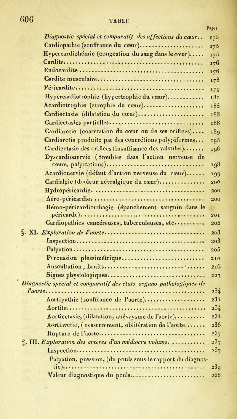 Pages. Diagnostic spécial et comparatif des affections du cœur.. 175 Cardiopathie (souffrance du cœur) 175 Hypercardiohëmie (congestion du sang dans le cœur) 175 Cardite » 176 Endocardite 176 Cardite musculaire 178 Péricardite 17g Hypercardiotrophie (hypertrophie du cœur) i8i Acardiotrophie (atrophie du cœur) 186 Cardiectasie (dilatation du cœur) 186 Cardiectasies partielles 188 Cardiarctie (coarctalion du cœur ou de ses orifices).... 189 Cardiarctie produite par des concrétions polypiformes... 195 Cardiectasie des orifices (insuffisance des valvules)....... 196 Dyscardionervie ( troubles daas l'action nerveuse du cœur, palpitations) 198 Acardionervie (de'faut d'action nerveuse du cœur) 199 Cardialgie (douleur ne'vralgique du cœur) 200 Hydrope'ricardie 200 Aéro-pe'ricardie 200 He'mo-pe'ricardiorrhagie (epanchement sanguin dans le péricarde) , 201 Cardiopathies cancéreuses, tuberculeuses, etc 202 §. XI. Exploration de Vaorte 2o3 Inspection » 2o3 Paipation 2o5 Percussion plessimétrique 210 Auscultation , bruits * 216 Signes physiologiques 227 Diagnostic spécial et comparatif des états organo-pathohgiques de r aorte 234 Aortipathie (souffrance de l'aorte) 234 Aortite 234 Aortiectasie, (dilatation, anévrysme de l'aorte) 234 Aortiarctie, ( resserrement, oblitération de l'aorte 236 Rupture de l'aorte , 287 III. Exploration des artères d'un médiocre volume 237 Inspection , ,.., 237 Paipation, pression, (du pouls sous le rapport du diagnos- tic) 239 Valeur diagnostique du pouls 2Ô8