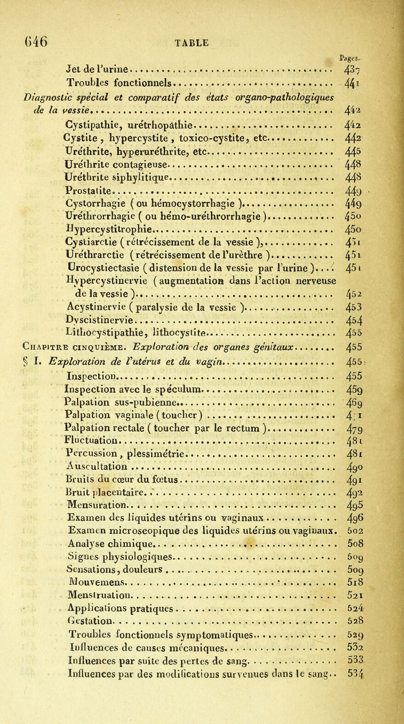 G46 TABLE Pages. Jet de l'urine Troubles fonctionnels 44 ^ Diagnostic spécial et comparatif des états organo-pathologiques de la i^essie , 4^2 Cystipathie, urétrhopàthie 4^^ Cystite, hypercystite , toxico-cystite, etc 442 Ure'thrite, hyperure'thrite, etc 44^ Ure'thrite contagieuse 44^ Ure'thrite siphylitique ,.., 44'^ Prostatite..... ^ 449 Cystorrhagie ( ou hémocystorrhagie ) 4^9 Ure'throrrhagie ( ou he'mo-ure'throrrhagie ) 45o Hypercystitrophie 4^0 Cystiarctie (rélrécissement de la vessie ), 4^' Ure'thrarctie ( re'tre'cissement de l'urèthre ) 4 ^ * Drocystiectasie (distension de la vessie par l'urine ),..( 4^* Hypercystinervie ( augmentation dans l'aclion nerveuse de la vessie) 4^^ Acystinervie ( paralysie de la vessie ) 45^ Dyscistinervie 4^4 Litliocystipathie, lithocystite 4^5 Chapitre cinquième. Exploration des organes génitaux 4^5 § L Exploration de Vutérus et du vagin 4^^ Inspection 4^^ Inspection avec le spe'culum 4^9 Palpation sus-pubienne. 4^9 Palpation vaginale (toucher) 4;' Palpation rectale ( toucher par le rectum )..... 479 Fluctuation 4^' Percussion , plessime'trie , 481 Auscultation 49^ Bruits du cœur du foetus 49* Bruit placentaire. 49^ Mensuration.. 49^ Examen des liquides utérins ou vaginaux 49^ Examen microscopique des liquides utérins ou vagiuaux. 5o2 Analyse chimique 5o8 Signes physiologiques ôog Sensations, douleurs 609 Mouvemens • 5i8 Menstruation 521 Appiicaiions pratiques 524 Gestation 628 Troubles fonctionnels syraptomatiques 629 Influences de causes mécaniques 532 Influences par suite des pertes de sang 533 Influences par des modilications survenues dans le sang.. 534