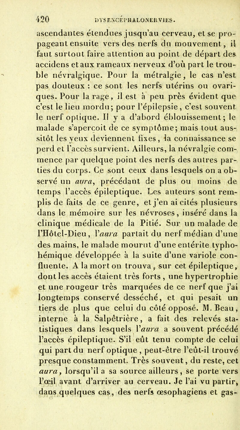 ascendantes étendues jusqu'au cerveau, et se pro- pageant ensuite vers des nerfs du mouvement, il faut surtout faire attention au point de départ de* accidens et aux rameaux nerveux d'où part le trou- ble névralgique. Pour la métralgie, le cas n'est pas douteux : ce sont les nerfs utérins ou ovari- ques. Pour la rage, il est à peu près évident que c'est le lieu mordu ; pour l'épilepsie , c'est souvent le nerf optique. Il y a d'abord éblouissement ; le malade s'aperçoit de ce symptôme; mais tout aus- sitôt les yeux deviennent fixes , la connaissance se perd et l'accès survient. Ailleurs, la névralgie com- mence par quelque point des nerfs des autres par- ties du corps. Ce sont ceux dans lesquels on a ob- servé un aura, précédant de plus ou moins de temps l'accès épileplique. Les auteurs sont rem- plis de faits de ce genre, et j'en ai cités plusieurs dans le mémoire sur les névroses, inséré dans la clinique médicale de la Pitié. Sur un malade de l'Hôtel-Dieu , Varna parlait du nerf médian d'une des mains, le malade mourut d'une entérite typho* hémique développée à la suite d'une variole con- fluente. À la mort on trouva „ sur cet épileptique, dont les accès étaient très forts , une hypertrophie et une rougeur très marquées de ce nerf que j'ai longtemps conservé desséché, et qui pesait un tiers de plus que celui du côté opposé. M. Beau, interne à la Salpêtrière, a fait des relevés sta- tistiques dans lesquels Y aura a souvent précédé l'accès épileplique. S'il eût tenu compte de celui qui part du nerf optique , peut-être l'eût-il trouvé presque constamment. Très souvent, du reste, cet aura, lorsqu'il a sa source ailleurs, se porte vers l'œil avant d'arriver au cerveau. Je l'ai vu partir^ dans quelques cas, des nerfs œsophagiens et gas-