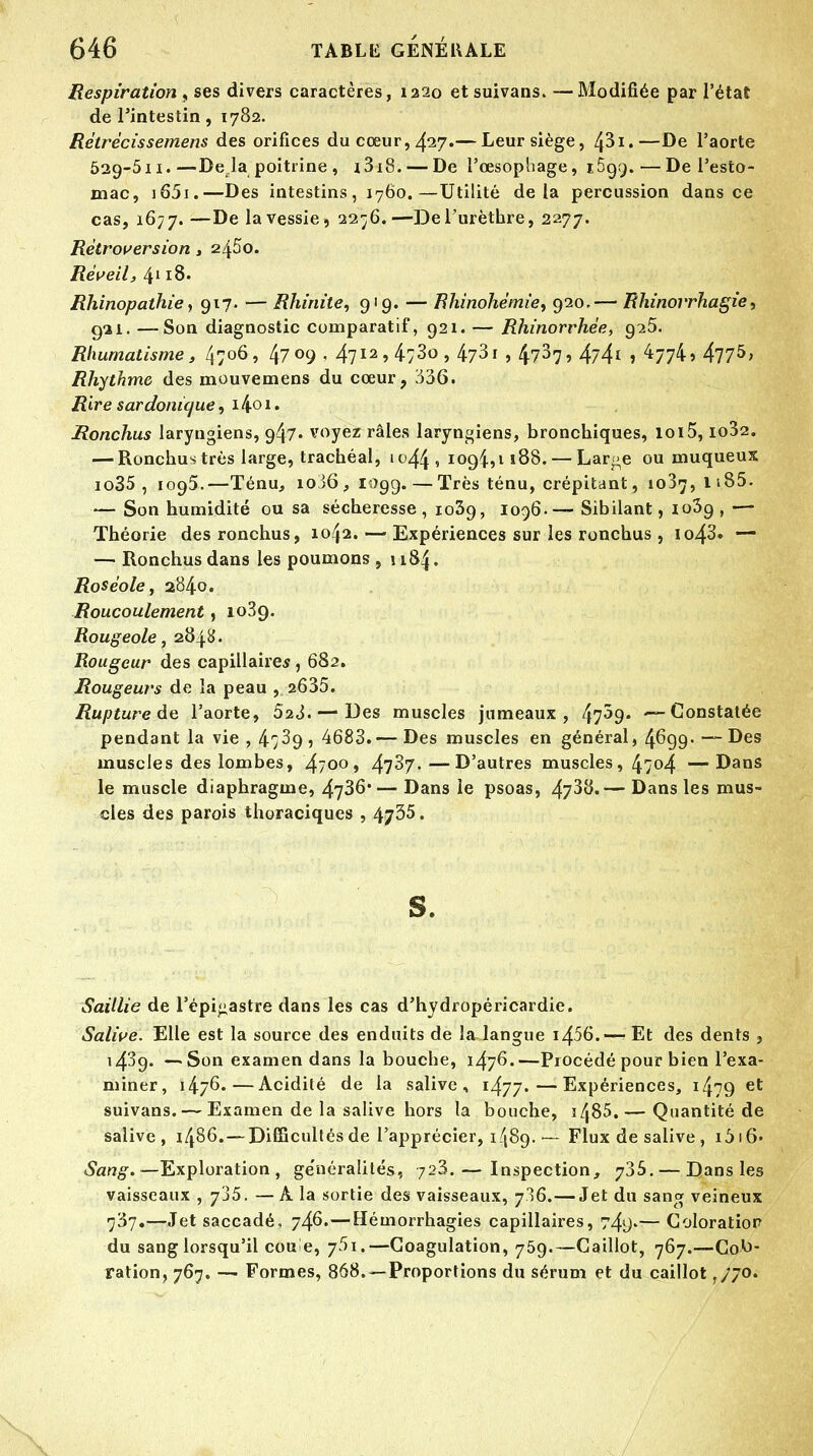 Respiration , ses divers caractères, 1220 et suivans. —Modifiée par l'état de l'intestin, 1782. Rétrécissemens des orifices du cœur, 427.— Leur siège, zpi.—De l'aorte 529-5ii.—De là poitrine , 1318. — De l'œsophage, 1699.—De l'esto- mac, 1651.—Des intestins , 1760.—Utilité delà percussion dans ce cas, 1677.—De la vessie, 22^6.—Del'urèthre, 2277. Rétroversion , 2450. Réveil, 4l 18. Rhinopathie, 917. — Rhinite, 919. — Rhinohémie, 920.— Rhinorrhagie, 931. — Son diagnostic comparatif, 921. — Rhinorrhée, q-i5. Rhumatisme, 47o6> 47 °9 > 47I2î4/3o, 473r •> 47^7» 4?4* 1 ^774» 4775> Rhythme des mouvemens du cœur, 336. jRire sardonicjue, 14o i. Ronchus laryngiens, g47» voyez râles laryngiens, bronchiques, loi5, io32. — Ronchus très large, trachéal, 1044, 1094,1188. — Lar»e ou muqueux io35 , 1095.—Ténu, io36, 109g. — Très ténu, crépitant, 1037, li85. — Son humidité ou sa sécheresse, 1039, 1096.— Sibilant, 1039, — Théorie des ronchus, 1042. — Expériences sur les ronchus , io43. — — Ronchus dans les poumons , 1184. Roséole, 2840. Roucoulement, 1089. Rougeole, 2848. Rougeur des capillaires, 682. Rougeurs de la peau , 2635. Rupture de l'aorte, 02J. — Des muscles jumeaux, 47^9* —Constatée pendant la vie , 4;39, 4683.— Des muscles en général, 4^99- — Des muscles des lombes, 47°°» 4737-—D'autres muscles, 4;°4 —Dans le muscle diaphragme, 4736*— Dans le psoas, 4738.— Dans les mus- cles des parois thoraciques , 4j35. s. Saillie de l'épi^astre dans les cas d'hydropéricardie. Salive. Elle est la source des enduits de la langue i456.—-Et des dents , 1439. —Son examen dans la bouche, 1476.—Procédé pour bien l'exa- miner, 1476.—Acidité de la salive, i477«—Expériences, i479 et suivans. — Examen de la salive hors la bouche, 1485.— Quantité de salive, i486. —Difficultés de l'apprécier, 1489. — Flux de salive , 1516« Sang. —Exploration , ge'néralités, 723. — Inspection, 735. — Dans les vaisseaux , 785. —A la sortie des vaisseaux, 736.— Jet du sang veineux 737.—Jet saccadé, 746.—Héinorrhagies capillaires, 749*—Coloration du sang lorsqu'il coule, 7^1.—Coagulation, 759.—Caillot, 767.—Cob- ration, 767. —■ Formes, 868.—Proportions du sérum et du caillot ,/J0.