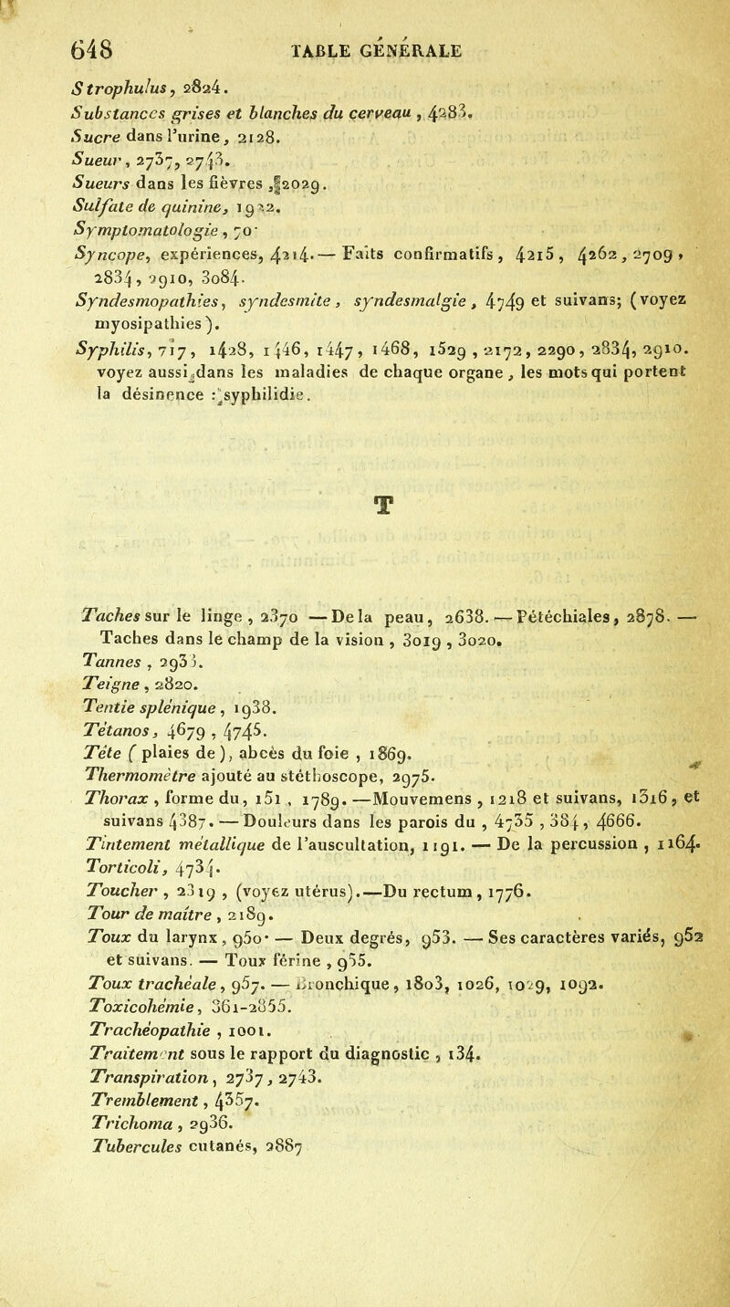 Strophulus, 2§a4. Substances grises et blanches du cerveau , 4^83, Sucre dansTurine, 2128. Sueur, 2737, 2743. Sueurs dans les fièvres ,§2029. Sulfate de quinine, 19 Z2. Symplomatologie, 70' Syncope, expériences, 42,4«— Faits confirmatifs , 42i5 , ^62 , 2709 > 2834, 9910, 3o84. Syndesmopaihies, syndesinite , syndesmalgie , 4749 et suivant; (voyez myosipathies). Syphilis, 717, 1428, 1446,1447» i468, i52g , -2172, 2290, 2834, 2910. voyez aussi 5dans les maladies de chaque organe , les mots qui portent la désinence r^syphilidie „ TW/tessurle linge , 2370 —Delà peau, a638.—Pétéchiales, 2878. — Taches dans le champ de la vision , 3019 , 3o2,o. Tannes , 293 3. Teigne, 2820. Tentie splénique, 1938. Tétanos, 4^79 1 474^- jTe£e f plaies de ), abcès du foie , 1869. Thermomètre ajouté au stéthoscope, 2975. Thorax , forme du, i5i , 1789.—Mouvemens , 1218 et suivans, i3i65et suivans 4387. — Douleurs dans les parois du , 4735 , 38{, J\Q66. Tintement métallique de l'auscultation, 1 igi. — De la percussion , n64« Torticoli, 47^1- Toucher , 2819 , (voyez utérus).—Du rectum, 1776. Tour de maître ,218g. Toux du larynx, 950* — Deux degrés, 953. — Ses caractères variés, 962 et suivans. — Toux férine , 955. Toux trachéale, 967. — bronchique, l8o3, 1026, 10^9, 1092. Toxicohémie, 361-2855. Trachéopaihie ,1001. Traitement sous le rapport du diagnostic , i34. Transpiration, 2j3j,2yi3. Tremblement, 4^57. Trichoma, 2g36. Tubercules cutanés, 9887