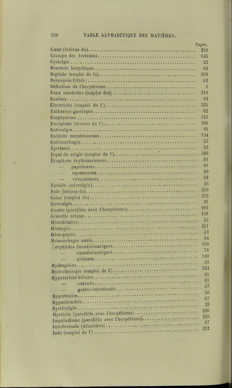 ✓ Cœur (lésions du) Crampe des écrivains Cystalgie Diarrhée herpétique Digitale (emploi de la) Dyspepsie fétide Définition de l'herpétisme Eaux minérales (emploi des) Eczéma Electricité (emploi de P) Embarras gastrique Emphysème Encéphale (lésions de 1’) Entéralgie Entérite membraneuse Entérorrhagie É[iistaxis Ergot de seigle (emploi de P) Éruptions érythémateuses — papuleuses — squameuses — vésiculeuses Faciale (névralgie) Foie (lésions du) Caïae (emploi du) ■ Gastralgie Goutte (parallèle avec l’herpétisme) Gravelle urique Hématémèse Hémiopie Hémoptysie Hémorrhagie anale lierpétides énanthémaliques — exanthématiques — utérines Ilydropisies Hydrothérapie (emploi de P) Hypercrinie biliaire — cutanée — gastro-intestinale Hyperémies Hypochondrie • Uystéralgie Hystérie (parallèle avec l’herpétisme) Impaludisme (parallèle avec l’herpétisme) Intellectuels (désordres) Iode (emploi de P) Pages. . 210 . 145 23 . 02 309 . 02 1 . 318 94 . 335 . 02 . 123 . 200 . 21 . 134 53 52 . 309 . 81 . 81 . 89 . 94 . 10 . 210 . 312 21 . 282 . 138 . 53 . 211 . 52 . 54 . 109 . 78 . 140 . 59 . 324 . 05 . 01 . 6“^ . 50 . 07 .. 23 . 290 . 295 . 07 . 312