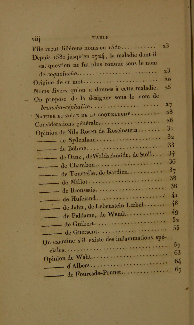 viij table Elle reçut diflerens noms en i58o Depuis i58o jusqu’en 1724, la maladie dont il est question ne fut plus connue sous le nom de coqueluche Origine de ce mot 20 Noms divers qu’on a donnés à cette maladie. ^5 On propose d ; la désigner sous le nom de hroncho-céphalite * Nature et siège de la coqueluche 2 Considérations générales Opinion de Nils Rosen de Roseinstein ^ 1 de Sydenham 2 de Bôlime de Danz , deWaldschmidt, deStoll. .. 34 cle Chambon ^ de Tour telle, de Gardien 37 de Millot ^ de Broussais de Hufeland y de Jahn, de Lebenstein Lœbel de Paldame, de Wendt ^9 de Guibert . - de Guersent On examine s’il existe des inflammations spé- ciales gg Opinion de , d’Albers ^ de Fourcade-Prunet 7