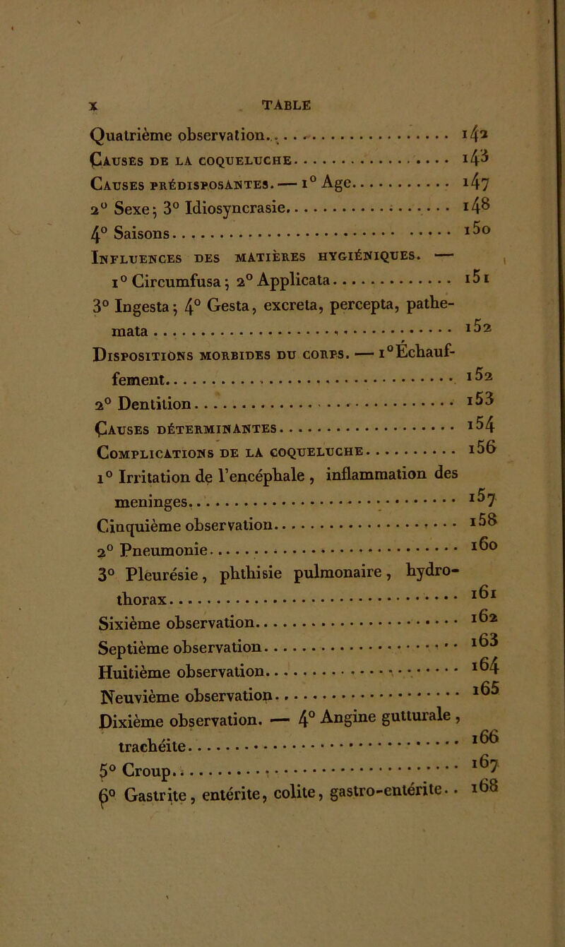 Quatrième observation... i42 Causes de la coqueluche Causes prédisposantes. •— i° Age 147 2° Sexe; 3° Idiosyncrasie 4° Saisons I^° Influences des matières hygiéniques. — i0 Circumfusa; 2° Applicata 3° Ingesta; 4° Gesta, excreta, percepta, pathe- mata 1^2 Dispositions morbides du corps. — i°Echauf- fement 1^2 2° Dentition *53 Causes déterminantes J54 Complications de la coqueluche i56 i° Irritation de l’encéptiale , inflammation des méningés..... i57 Cinquième observation *5$ 2° Pneumonie I^° 3° Pleurésie, phthisie pulmonaire, hydro- tliorax I^1 Sixième observation I^2 Septième observation ' * Huitième observation • • Neuvième observation Dixième observation. — 4° Angine gutturale , trachéite 5° Croup. * : Gastrite, entérite, colite, gastro-entérite.. 168