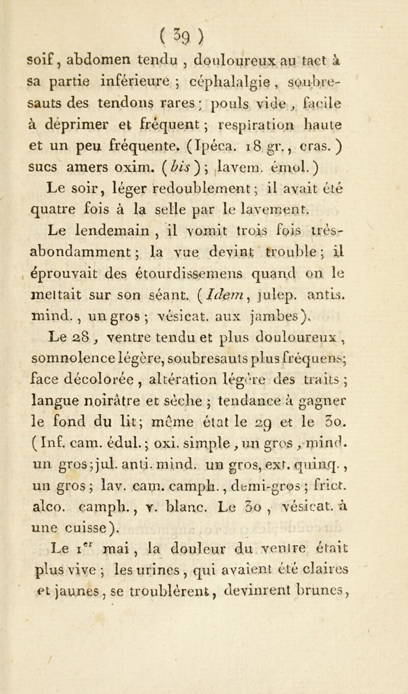 soif, abdomen tendu , douloureux au tact à sa partie inférieure ; céphalalgie , soubre- sauts des tendons rares ; pouls vide , facile à déprimer et fréquent ; respiration haute et un peu fréquente. (Ipéca. 18 gr., cras. ) sucs amers oxim. (£èy); lavera, émoi.) Le soir, léger redoublement ; il avait été quatre fois à la selle par le lavement. Le lendemain , il vomit trois fois très- abondamment ; la vue devint trouble ; il éprouvait des étourdissemens quand on le meltait sur son séant. (Idem, julep. antis. mind., un gros; vésicat. aux jambes). Le 28 , ventre tendu et plus douloureux , somnolence légère, soubresauts plus fréquens; face décolorée , altération légère des traits ; langue noirâtre et sèche ; tendance à gagner le fond du lit; meme état le 29 et le 00. ( Inf. cam. édul. ; oxi. simple , un gros , mind. un gros;jul. anli. mind. un gros, exr. quinq., un gros ; lav. cam. camph., demi-gros ; frict. alco. camph., v. blanc. Le 3o , vésicat. à une cuisse). Le ier mai, la douleur du yen ire était plus vive ; les urines , qui avaient été claires et jaunes , se troublèrent, devinrent brunes,