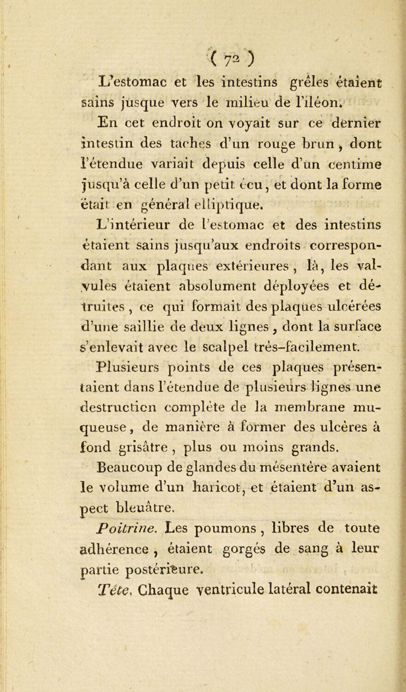 L’estomac et les intestins grêles étaient sains jusque vers le milieu de l’iléon. En cet. endroit on voyait sur ce dernier intestin des taches d’un rouge brun , dont l’étendue variait depuis celle d’un centime jusqu’à celle d’un petit écu, et dont la forme était en général elliptique. L’intérieur de l’estomac et des intestins étaient sains jusqu’aux endroits correspon- dant aux plaques extérieures, là, les val- vules étaient absolument déployées et dé- truites , ce qui formait des plaques ulcérées d’une saillie de deux lignes, dont la surface s’enlevait avec le scalpel très-facilement. Plusieurs points de ces plaques présen- taient dans l’étendue de plusieurs lignes une destruction complète de la membrane mu- queuse, de manière à former des ulcères à fond grisâtre , plus ou moins grands. Beaucoup de glandes du mésentère avaient le volume d’un haricot, et étaient d’un as- pect bleuâtre. Poitrine, Les poumons , libres de toute adhérence , étaient gorgés de sang à leur partie postérieure. Tête, Chaque ventricule latéral contenait