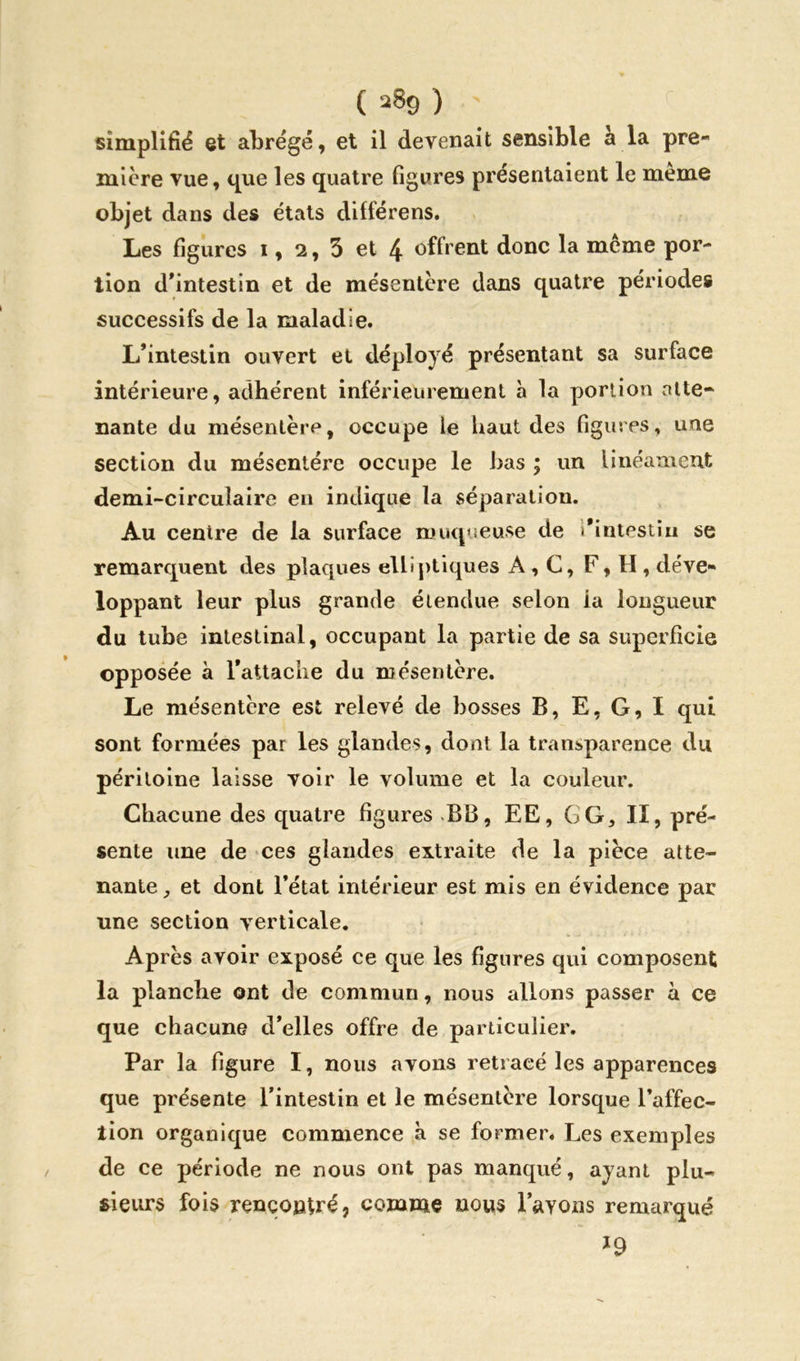 ( 2$9 ) ' simplifié et abrégé, et il devenait sensible à la pre- mière vue, que les quatre figures présentaient le même objet dans des états différens. Les figures i, 2, 3 et 4 offrent donc la même por- tion d'intestin et de mésentère dans quatre périodes successifs de la maladie. L’intestin ouvert et déployé présentant sa surface intérieure, adhérent inférieurement à la portion atte- nante du mésentère, occupe le haut des figures, une section du mésentère occupe le bas ; un linéament demi-circulaire en indique la séparation. Au centre de la surface muqueuse de i'intestin se remarquent des plaques elliptiques A , C, F, H , déve- loppant leur plus grande étendue selon ia longueur du tube intestinal, occupant la partie de sa superficie opposée à l’attache du mésentère. Le mésentère est relevé de bosses B, E, G, I qui sont formées par les glandes, dont la transparence du péritoine laisse voir le volume et la couleur. Chacune des quatre figures BB, EE, GG, Iï, pré- sente une de ces glandes extraite de la pièce atte- nante, et dont l’état intérieur est mis en évidence par une section verticale. Après avoir exposé ce que les figures qui composent la planche ont de commun, nous allons passer à ce que chacune d’elles offre de particulier. Par la figure I, nous avons retracé les apparences que présente l’intestin et le mésentère lorsque l’affec- tion organique commence a se former. Les exemples de ce période ne nous ont pas manqué, ayant plu- sieurs fois rencontré, comme nous l’avons remarqué J9