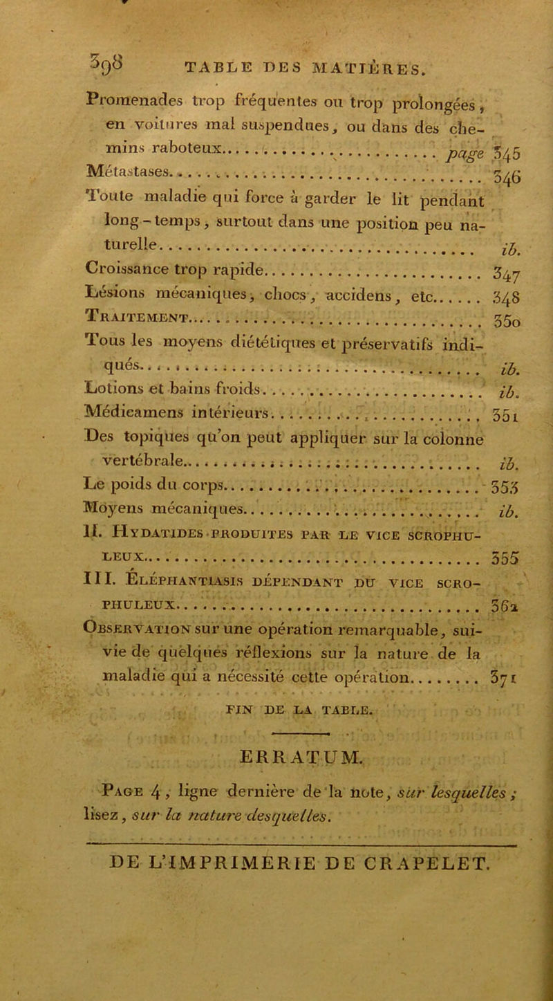 Promenades trop fréquentes ou trop prolongées, en voilures mal suspendues, ou dans des che- mins raboteux page 3^5 Métastases . Toute maladie qui force à garder le lit pendant long - temps, surtout dans une position peu na- turelle ib. Croissance trop rapide 3^7 Lésions mécaniques, chocs, accidens, etc 348 Traitement 550 lous les moyens diététiques et préservatifs indi- qué®- • - ib. Lotions et bains froids ib. Médicamens intérieurs ; t 551 Des topiques qu’on peut appliquer sur la colonne vertébrale......... ^ i........ ib. Le poids du corps 553 Moyens mécaniques ib. II. HyDATIDES PRODUITES PAR LE VICE SCROPHU- leux 555 * III. Eléphantiasis dépendant du vice SCRO- PHULEUX..... 56a Observation sur une opération remarquable, sui- vie de quelcjués réflexions sur la nature de la maladie qui a nécessité cette opération 371 fin de la taele. ERRATUM. Page 4 , ligne dernière de la note, sur lesquelles ; DE L’IMPRIMERIE DE CRAPELET.