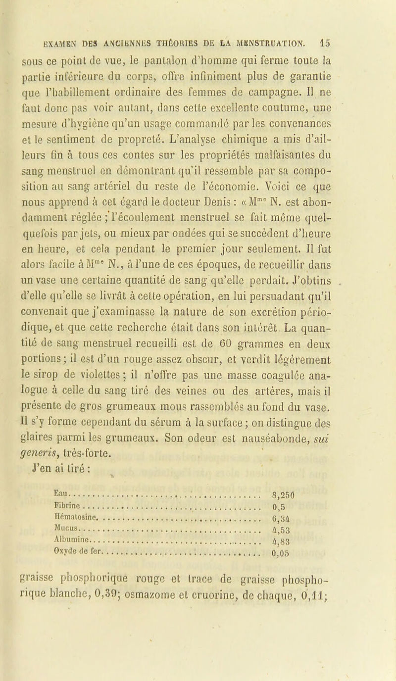 sous ce point de vue, le pantalon d’homme qui ferme toute la partie inférieure du corps, offre infiniment plus de garantie que l’habillement ordinaire des femmes de campagne. Il ne faut donc pas voir autant, dans cette excellente coutume, une mesure d’hygiène qu’un usage commandé parles convenances et le sentiment de propreté. L’analyse chimique a mis d’ail- leurs fin à tous ces contes sur les propriétés malfaisantes du sang menstruel en démontrant qu’il ressemble par sa compo- sition au sang artériel du reste de l’économie. Voici ce que nous apprend à cet égard le docteur Denis : « Mme N. est abon- damment réglée ; l’écoulement menstruel se fait même quel- quefois par jets, ou mieux par ondées qui se succèdent d’heure en heure, et cela pendant le premier jour seulement. 11 fut alors facile à Mme N., à l’une de ces époques, de recueillir dans un vase une certaine quantité de sang qu’elle perdait. J’obtins d’elle qu’elle se livrât à cette opération, en lui persuadant qu’il convenait que j’examinasse la nature de son excrétion pério- dique, et que cette recherche était dans son intérêt. La quan- tité de sang menstruel recueilli est de 60 grammes en deux portions; il est d’un rouge assez obscur, et verdit légèrement le sirop de violettes ; il n’offre pas une masse coagulée ana- logue à celle du sang tiré des veines ou des artères, mais il présente de gros grumeaux mous rassemblés au fond du vase. Il s’y forme cependant du sérum à la surface ; on distingue des glaires parmi les grumeaux. Son odeur est nauséabonde, sui generis, très-forte. J’en ai tiré : Eau 8,250 Fibrine 0,5 Hématosine 6,34 Mucus 4,53 Albumine 4 83 Oxyde de fer o’o5 graisse phosphorique rouge et trace de graisse phospho- rique blanche, 0,39; osmazome et cruorine, de chaque, 0,11;
