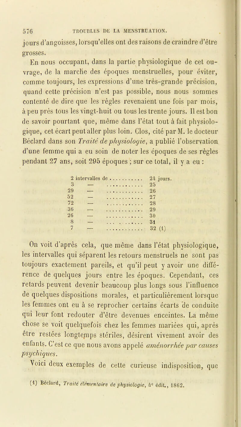 jours d’angoisses, lorsqu’elles ont des raisons de craindre d’être grosses. En nous occupant, dans la partie physiologique de cet ou- vrage, de la marche des époques menstruelles, pour éviter, comme toujours, les expressions d’une très-grande précision, quand cette précision n’est pas possible, nous nous sommes contenté de dire que les règles revenaient une fois par mois, à peu près tous les vingt-huit ou tous les trente jours. Il est bon de savoir pourtant que, même dans l’état tout à fait physiolo- gique, cet écart peut aller plus loin. Clos, cité par M. le docteur Béclard dans son Traité de physiologie, a publié l’observation d’une femme qui a eu soin de noter les époques de ses règles pendant 27 ans, soit 295 époques ; sur ce total, il y a eu : 2 intervalles de 24 jours. 3 — 25 29 — 26 52 — 27 72 — 28 36 — 29 26 — 30 8 — 31 7 — 32 (1) On voit d’après cela, que même dans l’état physiologique, les intervalles qui séparent les retours menstruels ne sont pas toujours exactement pareils, et qu’il peut y avoir une diffé- rence de quelques jours entre les époques. Cependant, ces retards peuvent devenir beaucoup plus longs sous l’influence de quelques dispositions morales, et particulièrement lorsque les femmes ont eu à se reprocher certains écarts de conduite qui leur font redouter d’être devenues enceintes. La même chose se voit quelquefois chez les femmes mariées qui, après êlre restées longtemps stériles, désirent vivement avoir des enfants. C’est ce que nous avons appelé aménorrhée par causes psychiques. Voici deux exemples de cette curieuse indisposition, que (1) Béclard, Traite élémentaire de physiologie, 4e édit,, 1862.