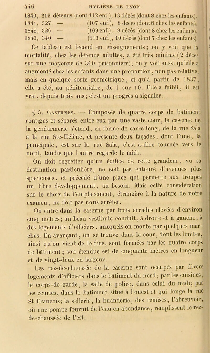 1840, 315 détenus (dont 112 enl’.), 13 décès (dont 8 chez les enfants). 1841, 327 — (107 enf.), 8 décès (dont 8 chez les enfants). 1842, 326 — (109 enf), 8 décès (dont 8 chez les enfants). 1843, 340 — (113 enf.), 10 décès (dont 7 chez les enfants). < Ce tableau est fécond en enseignements ; on y voit que la ‘ mortalité, chez les détenus adultes, a été très minime(2 décès ' sur une moyenne de 360 prisonniers); on y voit aussi qu’elle a 1 augmenté chez les enfants dans une proportion, non pas relative, ' mais en quelque sorte géométrique, et qu’à partir de 1837, elle a été, au pénitentiaire, de 1 sur 10. Elle a faibli, il est vrai, depuis trois ans; c’est un progrès à signaler. § 5. Casernes. — Composée de quatre corps de bâtiment contigus et séparés entre eux par une vaste cour, la caserne de la gendarmerie s’étend, en forme de carré long, de la rue Sala à la rue Ste-Hélène, et présente deux façades, dont l’iiue, la principale, est sur la rue Sala, c’est-à-dire tournée vers le nord, tandis que l’autre regarde le midi. On doit regretter qu’un édifice de cette grandeur, vu sa destination particulière, ne soit pas entouré d’avenues plus spacieuses, et précédé d’une place qui permette aux troupes un libre développement, au besoin. Mais cette considération sur le choix de l’emplacement, étrangère à la nature de notre examen, ne doit pas nous arrêter. On entre dans la caserne par trois arcades élevées d’environ cinq mètres; un beau vestibule conduit, à droite et à gauche, à des logements d’officiers, auxquels on monte par quelques mar- ches. En avançant, on se trouve dans la cour, dont les limites, ainsi qu’on vient de le dire, sont formées par les quatre corps de bâtiment ; son étendue est de cinquante mètres en longueur et de vingt-deux en largeur. Les rez-de-chaussée de la caserne sont occupés par divers logements d’officiers dans le bâtiment du nord; par les cuisines, le corps-de-garde, la salle de police, dans celui du midi; par les écuries, dans le bâtiment situé à l’ouest et qui longe la rue St-Erançois; la sellerie, la buanderie, des remises, l’abreuvoir, où une pompe fournit de l’eau en abondance, remplissent le lez- de-chausséc de l’est.