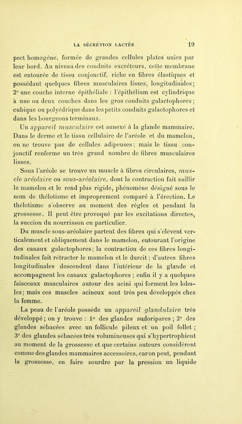 pect homogène, formée de grandes cellules plates' unies par leur bord. Au niveau des conduits excréteurs, cette membrane est entourée de tissu conjonctif, riche en fibres élastiques et possédant quelques fibres musculaires lisses, longitudinales; 2° une couche interne épithéliale : l’épithélium est cylindrique à une ou deux couches dans les gros conduits galactophores ; cubique ou polyédrique dans les petits conduits galactophores et dans les bourgeons terminaux. Un appareil musculaire est annexé à la glande mammaire. Dans le derme et le tissu cellulaire de l’aréole et du mamelon, on ne trouve pas de cellules adipeuses ; mais le tissu con- jonctif renferme un très grand nombre de fibres musculaires lisses. Sous l’aréole se trouve un muscle à fibres circulaires, mus- cle aréolaire ou sous-aréolaire, dont la contraction fait saillir le mamelon et le rend plus rigide, phénomène désigné sous le nom de thélotisme et improprement comparé à l’érection. Le thélotisme s’observe au moment des règles et pendant la grossesse. 11 peut être provoqué par les excitations directes, la succion du nourrisson en particulier. Du muscle sous-aréolaire partent des fibres qui s’élèvent ver- ticalement et obliquement dans le mamelon, entourant l’origine des canaux galactophores ; la contraction de ces fibres longi- tudinales fait rétracter le mamelon et le durcit ; d’autres fibres longitudinales descendent dans l’intérieur de la glande et accompagnent les canaux galactophores ; enfin il y a quelques faisceaux musculaires autour des acini qui forment les lobu- les; mais ces muscles acineux sont très peu développés chez la femme. La peau de l’aréole possède un appareil glandulaire très développé ; on y trouve : 1° des glandes sudoripares ; 2° des glandes sébacées avec un follicule pileux et un poil follet ; 3° des glandes sébacées très volumineuses qui s’hypertrophient au moment de la grossesse et que certains auteurs considèrent comme des glandes mammaires accessoires, car on peut, pendant la grossesse, en faire sourdre par la pression un liquide