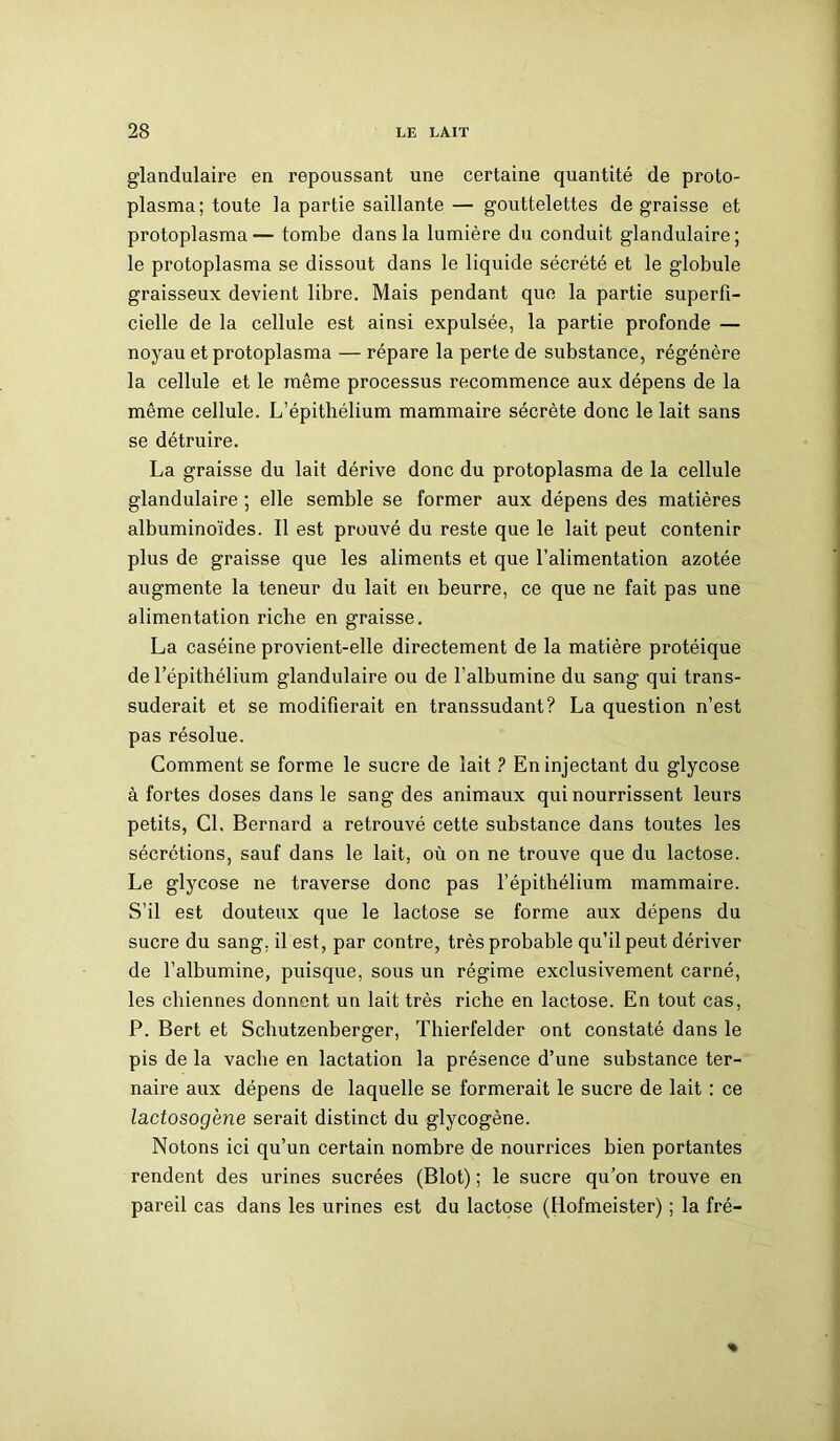 glandulaire en repoussant une certaine quantité de proto- plasma; toute la partie saillante— gouttelettes dégraissé et protoplasma— tombe dans la lumière du conduit glandulaire; le protoplasma se dissout dans le liquide sécrété et le globule graisseux devient libre. Mais pendant que la partie superfi- cielle de la cellule est ainsi expulsée, la partie profonde — noyau et protoplasma — répare la perte de substance, régénère la cellule et le même processus recommence aux dépens de la même cellule. L’épithélium mammaire sécrète donc le lait sans se détruire. La graisse du lait dérive donc du protoplasma de la cellule glandulaire ; elle semble se former aux dépens des matières albuminoïdes. Il est prouvé du reste que le lait peut contenir plus de graisse que les aliments et que l’alimentation azotée augmente la teneur du lait en beurre, ce que ne fait pas une alimentation riche en graisse. La caséine provient-elle directement de la matière protéique de l’épithélium glandulaire ou de l’albumine du sang qui trans- suderait et se modifierait en transsudant? La question n’est pas résolue. Comment se forme le sucre de lait ? En injectant du glycose à fortes doses dans le sang des animaux qui nourrissent leurs petits, Cl. Bernard a retrouvé cette substance dans toutes les sécrétions, sauf dans le lait, où on ne trouve que du lactose. Le glycose ne traverse donc pas l’épithélium mammaire. S’il est douteux que le lactose se forme aux dépens du sucre du sang, il est, par contre, très probable qu’il peut dériver de l’albumine, puisque, sous un régime exclusivement carné, les chiennes donnent un lait très riche en lactose. En tout cas, P. Bert et Schutzenberger, Thierfelder ont constaté dans le pis de la vache en lactation la présence d’une substance ter- naire aux dépens de laquelle se formerait le sucre de lait : ce lactosogène serait distinct du glycogène. Notons ici qu’un certain nombre de nourrices bien portantes rendent des urines sucrées (Blot) ; le sucre qu’on trouve en pareil cas dans les urines est du lactose (Hofmeister) ; la fré-