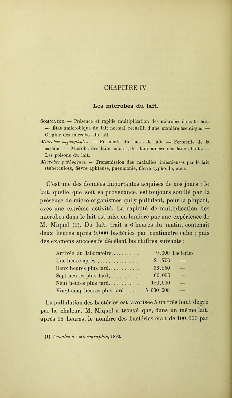 CHAPITRE IV Les microbes du lait. Sommaire. — Présence et rapide multiplication des microbes dans le lait. — Etat amicrobique du lait normal recueilli d’une manière aseptique. — Origine des microbes du lait. Microbes saprophytes. — Ferments du sucre de lait. — Ferments de la caséine. — Microbe des laits colorés, des laits amers, des laits filants. — Les poisons du lait. Microbes pathogènes. — Transmission des maladies infectieuses par le lait (tuberculose, fièvre aphteuse, pneumonie, fièvre typhoïde, etc.). C’est une des données importantes acquises de nos jours : le lait, quelle que soit sa provenance, est toujours souillé par la présence de micro-organismes qui y pullulent, pour la plupart, avec une extrême activité. La rapidité de multiplication des microbes dans le lait est mise en lumière par une expérience de M. Miquel (1). Du lait, trait à 6 heures du matin, contenait deux heures après 9,000 bactéries par centimètre cube ; puis des examens successifs décèlent les chiffres suivants : Arrivée au laboratoire 9.000 bactéries Une heure après 21.750 — Deux heures plus tard 36.250 — Sept heures plus tard 60.000 — Neuf heures plus tard 120.000 — Vingt-cinq heures plus tard 5.600.000 — La pullulation des bactéries est favorisée à un très haut degré par la chaleur. M. Miquel a trouvé que, dans un même lait, après 15 heures, le nombre des bactéries était de 100,000 par (1) Annales de micrographie, 1890.