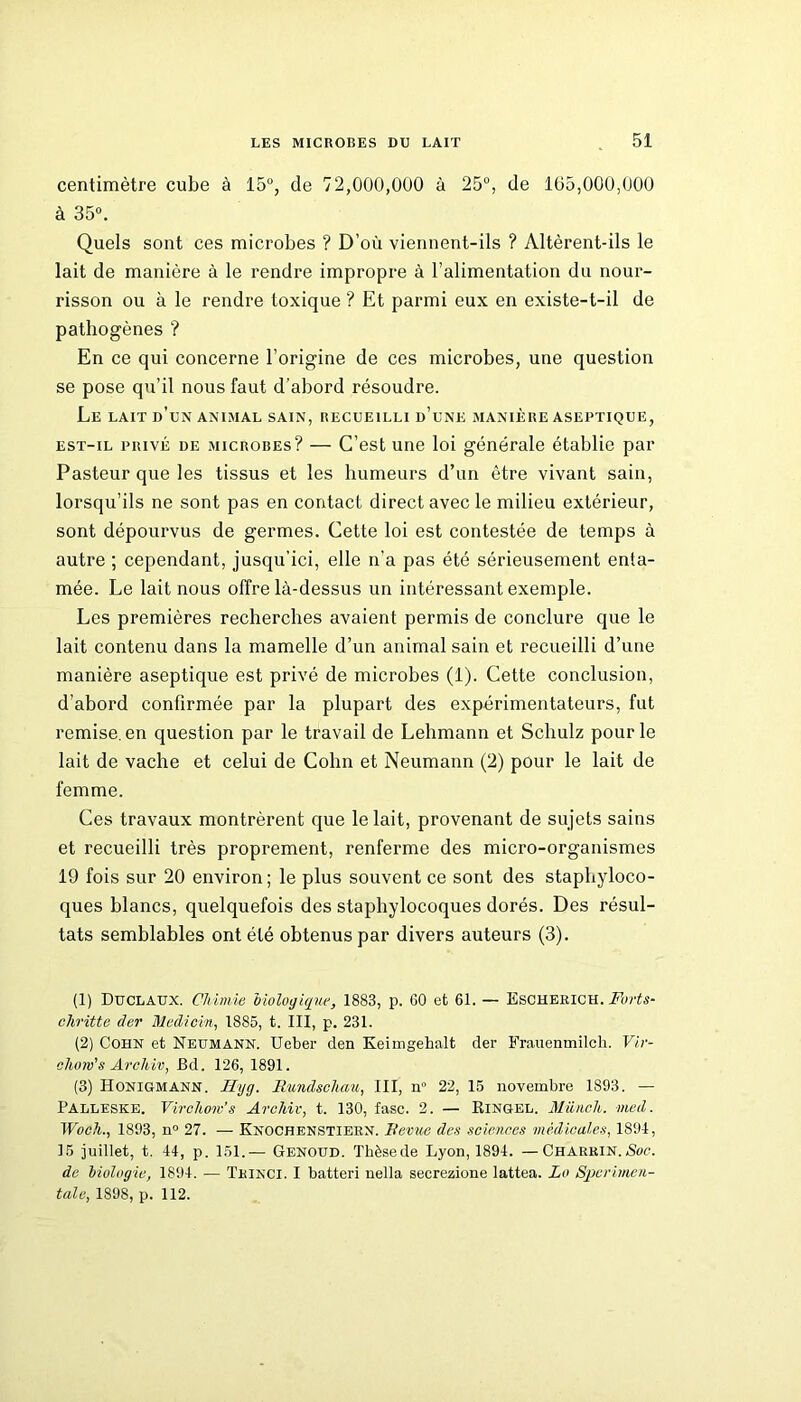 centimètre cube à 15°, de 72,000,000 à 25°, de 165,000,000 à 35°. Quels sont ces microbes ? D’où viennent-ils ? Altèrent-ils le lait de manière à le rendre impropre à l’alimentation du nour- risson ou à le rendre toxique ? Et parmi eux en existe-t-il de pathogènes ? En ce qui concerne l’origine de ces microbes, une question se pose qu’il nous faut d’abord résoudre. Le lait d’un animal sain, recueilli d’une manière aseptique, est-il privé de microbes? — C’est une loi générale établie par Pasteur que les tissus et les humeurs d’un être vivant sain, lorsqu’ils ne sont pas en contact direct avec le milieu extérieur, sont dépourvus de germes. Cette loi est contestée de temps à autre ; cependant, jusqu’ici, elle n'a pas été sérieusement enta- mée. Le lait nous offre là-dessus un intéressant exemple. Les premières recherches avaient permis de conclure que le lait contenu dans la mamelle d’un animal sain et recueilli d’une manière aseptique est privé de microbes (1). Cette conclusion, d’abord confirmée par la plupart des expérimentateurs, fut remise, en question par le travail de Lehmann et Schulz pour le lait de vache et celui de Colin et Neumann (2) pour le lait de femme. Ces travaux montrèrent que le lait, provenant de sujets sains et recueilli très proprement, renferme des micro-organismes 19 fois sur 20 environ ; le plus souvent ce sont des staphyloco- ques blancs, quelquefois des staphylocoques dorés. Des résul- tats semblables ont été obtenus par divers auteurs (3). (1) Duclaux. Chimie, biologique, 1883, p. 60 et 61. — Escherich. Forts- chritte der Medicin, 1885, t. III, p. 231. (2) Cohn et Neumann. Ueber den Keimgehalt der Frauenmilch. Vir- chow’s Archiv, Bd. 126, 1891. (3) Honigmann. Hyg. Rundschau, III, n° 22, 15 novembre 1893. — Palleske. Virchow’s Archiv, t. 130, fasc. 2. — Ringel. Münch. med. Woch., 1893, n° 27. — Knochenstiern. Revue des sciences médicales, 1894, 15 juillet, t. 44, p. 151.— Genoud. Thèsede Lyon, 1894. —Charrin.Soc. de biologie, 1894. — Tkinci. I batteri nella secrezione lattea. Lo Spcr'men- tale, 189S, p. 112.