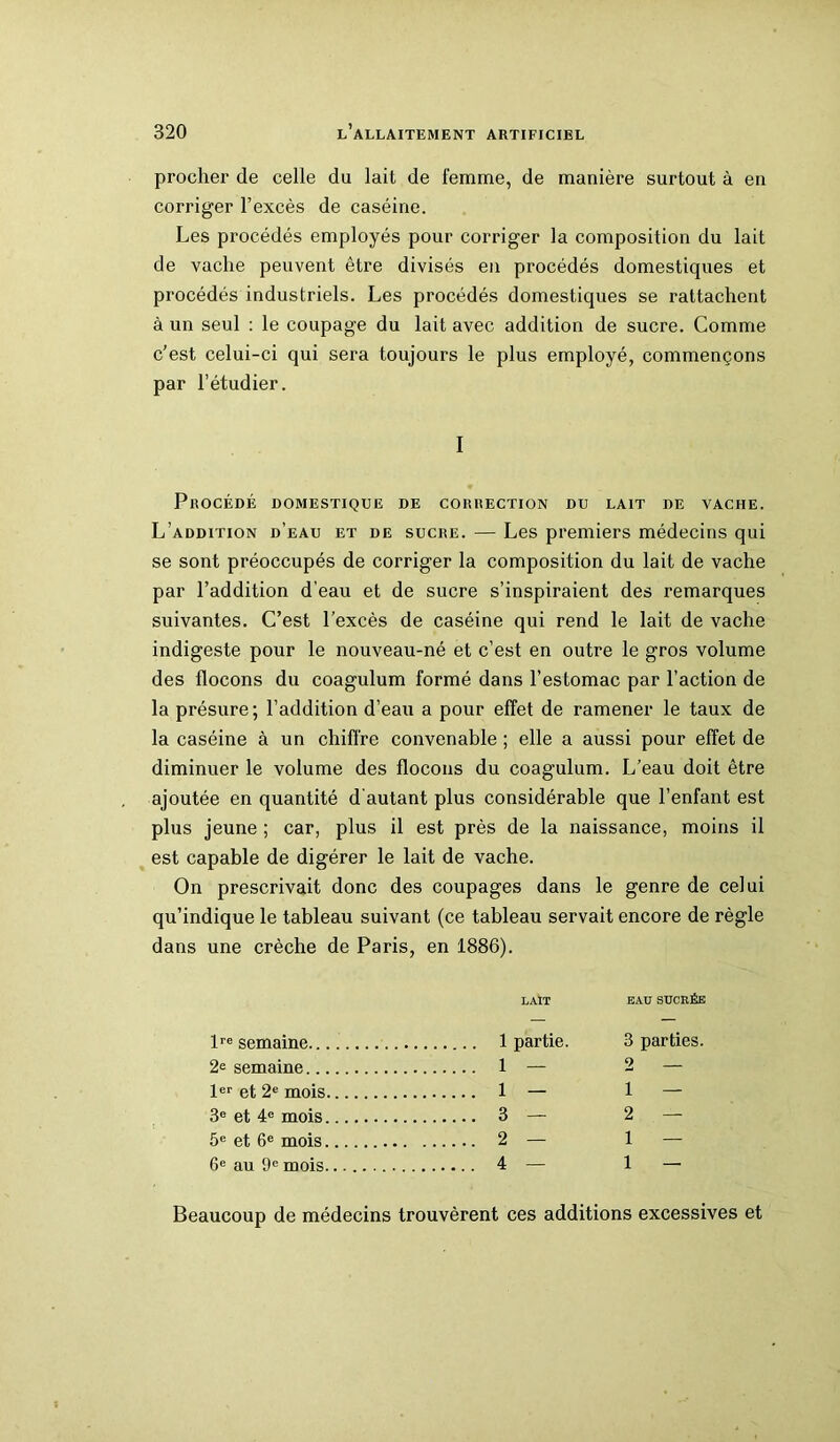 procher de celle du lait de femme, de manière surtout à en corriger l’excès de caséine. Les procédés employés pour corriger la composition du lait de vache peuvent être divisés en procédés domestiques et procédés industriels. Les procédés domestiques se rattachent à un seul : le coupage du lait avec addition de sucre. Comme c’est celui-ci qui sera toujours le plus employé, commençons par l’étudier. I Procédé domestique de correction du lait de vache. L’addition d’eau et de sucre. — Les premiers médecins qui se sont préoccupés de corriger la composition du lait de vache par l’addition d’eau et de sucre s’inspiraient des remarques suivantes. C’est l’excès de caséine qui rend le lait de vache indigeste pour le nouveau-né et c’est en outre le gros volume des flocons du coagulum formé dans l’estomac par l’action de la présure ; l’addition d’eau a pour effet de ramener le taux de la caséine à un chiffre convenable ; elle a aussi pour effet de diminuer le volume des flocons du coagulum. L’eau doit être ajoutée en quantité d’autant plus considérable que l’enfant est plus jeune ; car, plus il est près de la naissance, moins il est capable de digérer le lait de vache. On prescrivait donc des coupages dans le genre de celui qu’indique le tableau suivant (ce tableau servait encore de règle dans une crèche de Paris, en 1886). LAIT EAU SUCRÉE lre semaine 1 partie. 3 parties. 2e semaine 1 — 2 — 1er et 2e mois 1 — 1 — 3e et 4e mois 3 — 2 — 5e et 6e mois 2 — 1 — 6e au 9e mois 4 — 1 — Beaucoup de médecins trouvèrent ces additions excessives et