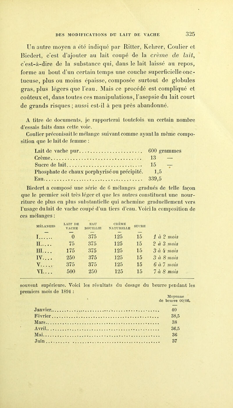 Un autre moyen a été indiqué par Ritter, Kelirer, Coulier et Biedert, c'est d’ajouter au lait coupé de la crème de lait, c’est-à-dire de la substance qui, dans le lait laissé au repos, forme au bout d’un certain temps une couche superficielle onc- tueuse, plus ou moins épaisse, composée surtout de globules gras, plus légers que l’eau. Mais ce procédé est compliqué et coûteux et, dans toutes ces manipulations, l’asepsie du lait court de grands risques ; aussi est-il à peu près abandonné. A titre de documents, je rapporterai toutefois un certain nombre d’essais faits dans cette voie. Coulier préconisait le mélange suivant comme ayant la même compo- sition que le lait de femme : Lait de vache pur 600 grammes Crème 13 — Sucre de lait 15 — Phosphate de chaux porphyrisé ou précipité. 1,5 Eau 339,5 Biedert a composé une série de 6 mélanges gradués de telle façon que le premier soit très léger et que les autres constituent une nour- riture de plus en plus substantielle qui achemine graduellement vers l’usage dulait de vache coupé d’un tiers d’eau. Voici la composition de ces mélanges : MÉLANGES LAIT DE VACHE EAU BOUILLIE CREME NATURELLE SUCRE I 0 375 125 15 1 à 2 mois II 75 375 125 15 2 à 3 mois III.... 175 375 125 15 3 à 4 mois IV.... 250 375 125 15 3 à 8 mois V 375 375 125 15 6 à 7 mois VI.... 500 250 125 15 1 à 8 mois souvent supérieure. Voici les résultats du dosage du beurre pendant les premiers mois de 1891 : Moyenne de beurre 00/00. Janvier 40 Février 38,5 Mars , 38 Avril 36,5 Mai 36 Juin 37