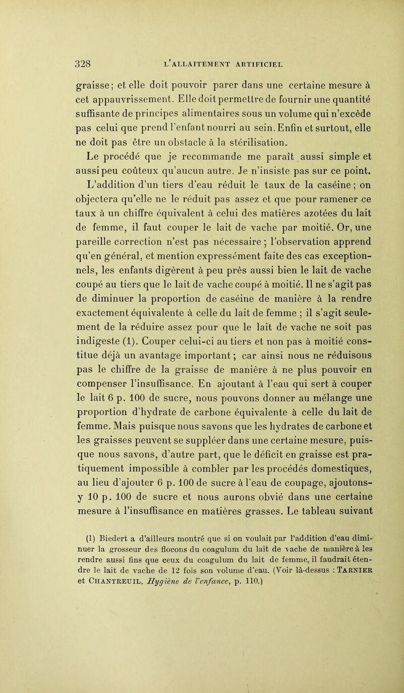 graisse; et elle doit pouvoir parer dans une certaine mesure à cet appauvrissement. Elle doit permettre de fournir une quantité suffisante de principes alimentaires sous un volume qui n’excède pas celui que prend l’enfant nourri au sein. Enfin et surtout, elle ne doit pas être un obstacle à la stérilisation. Le procédé que je recommande me paraît aussi simple et aussi peu coûteux qu’aucun autre. Je n’insiste pas sur ce point. L’addition d’un tiers d’eau réduit le taux de la caséine ; on objectera qu’elle ne le réduit pas assez et que pour ramener ce taux à un chiffre équivalent à celui des matières azotées du lait de femme, il faut couper le lait de vache par moitié. Or, une pareille correction n’est pas nécessaire ; l’observation apprend qu’en général, et mention expressément faite des cas exception- nels, les enfants digèrent à peu près aussi bien le lait de vache coupé au tiers que le lait de vache coupé à moitié. 11 ne s’agit pas de diminuer la proportion de caséine de manière à la rendre exactement équivalente à celle du lait de femme ; il s’agit seule- ment de la réduire assez pour que le lait de vache ne soit pas indigeste (1). Couper celui-ci au tiers et non pas à moitié cons- titue déjà un avantage important ; car ainsi nous ne réduisons pas le chiffre de la graisse de manière à ne plus pouvoir en compenser l’insuffisance. En ajoutant à l’eau qui sert à couper le lait 6 p. 100 de sucre, nous pouvons donner au mélange une proportion d’hydrate de carbone équivalente à celle du lait de femme. Mais puisque nous savons que les hydrates de carbone et les graisses peuvent se suppléer dans une certaine mesure, puis- que nous savons, d’autre part, que le déficit en graisse est pra- tiquement impossible à combler par les procédés domestiques, au lieu d’ajouter 6 p. 100 de sucre à l’eau de coupage, ajoutons- y 10 p. 100 de sucre et nous aurons obvié dans une certaine mesure à l’insuffisance en matières grasses. Le tableau suivant (1) Biedert a d’ailleurs montré que si on voulait par l’addition d’eau dimi- nuer la grosseur des flocons du coagulum du lait de \ache de manière à les rendre aussi fins que ceux du coagulum du lait de femme, il faudrait éten- dre le lait de vache de 12 fois son volume d'eau. (Voir là-dessus : Tarnier et Chantreuil. Hygiène de l’enfance, p. 110.)