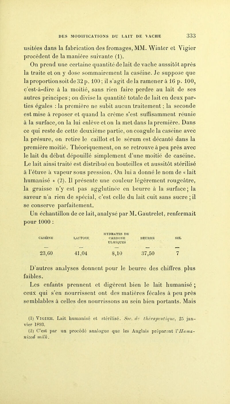 usitées dans la fabrication des fromages, MM. Winter et Vigier procèdent de la manière suivante (1). On prend une certaine quantité de lait de vache aussitôt après la traite et on y dose sommairement la caséine. Je suppose que la proportion soit de 32 p. 100 ; il s’agit de la ramener à 16 p. 100, c’est-à-dire à la moitié, sans rien faire perdre au lait de ses autres principes ; on divise la quantité totale de lait en deux par- ties égales : la première ne subit aucun traitement ; la seconde est mise à reposer et quand la crème s’est suffisamment réunie à la surface, on la lui enlève et on la met dans la première. Dans ce qui reste de cette deuxième partie, on coagule la caseine avec la présure, on retire le caillot et le sérum est décanté dans la première moitié. Théoriquement, on se retrouve à peu près avec le lait du début dépouillé simplement d’une moitié de caséine. Le lait ainsi traité est distribué en bouteilles et aussitôt stérilisé à l’étuve à vapeur sous pression. On lui a donné le nom de « lait humanisé » (2). Il présente une couleur légèrement rougeâtre, la graisse n’y est pas agglutinée en beurre à la surface; la saveur n’a rien de spécial, c’est celle du lait cuit sans sucre ; il se conserve parfaitement. Un échantillon de ce lait, analysé par M. Gautrelet, renfermait pour 1000 : HYDRATES DE CASÉINE LACTOSE CARBONE BEURRE SEL ULMIQUES 23,60 41,04 8,10 37,50 7 D’autres analyses donnent pour le beurre des chiffres plus faibles. Les enfants prennent et digèrent bien le lait humanisé ; ceux qui s’en nourrissent ont des matières fécales à peu près semblables à celles des nourrissons au sein bien portants. Mais (1) Vigier. Lait humanisé et stérilisé. Soc. de thérapeutiSe, 25 jan- vier 1893. (2) C’est par un procédé analogue que les Anglais préparant 1 ’lluma- nized viillt.