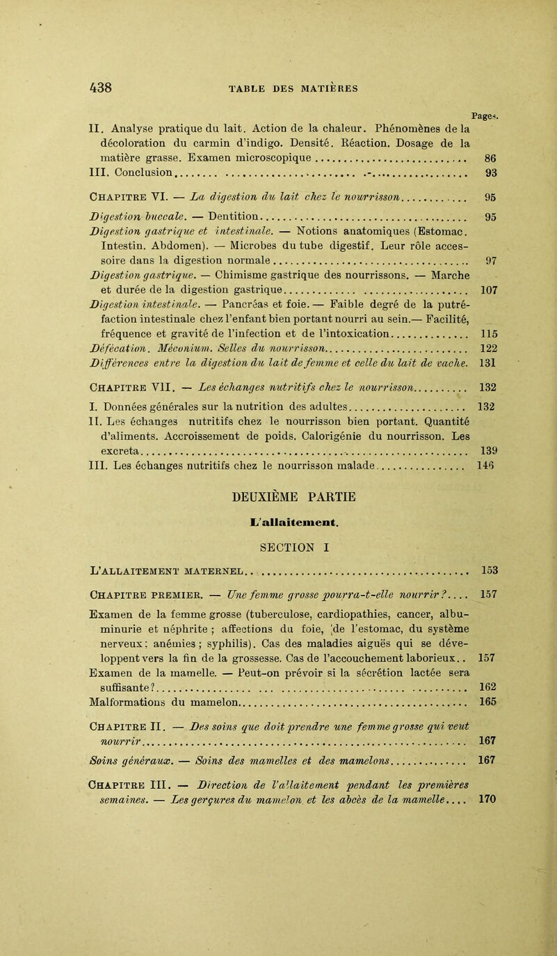 Pages. II. Analyse pratique du lait. Action de la chaleur. Phénomènes delà décoloration du carmin d’indigo. Densité. Réaction. Dosage de la matière grasse. Examen microscopique 86 III. Conclusion - 93 Chapitre VI. — La digestion du lait chez le nourrisson 95 Digestion buccale. — Dentition 95 Digestion gastrique et intestinale. — Notions anatomiques (Estomac. Intestin. Abdomen). — Microbes du tube digestif. Leur rôle acces- soire dans la digestion normale 97 Digestion gastrique. — Chimisme gastrique des nourrissons. — Marche et durée de la digestion gastrique 107 Digestion intestinale. — Pancréas et foie. — Faible degré de la putré- faction intestinale chez l’enfant bien portant nourri au sein.— Facilité, fréquence et gravité de l’infection et de l’intoxication 115 Défécation. Méconium. Selles du nourrisson 122 Différences entre la digestion du lait de femme et celle du lait de vache. 131 Chapitre VII. — Les échanges nutritifs chez le nourrisson 132 I. Données générales sur la nutrition des adultes 132 II. Les échanges nutritifs chez le nourrisson bien portant. Quantité d’aliments. Accroissement de poids. Calorigénie du nourrisson. Les excreta 139 III. Les échanges nutritifs chez le nourrisson malade 146 DEUXIÈME PARTIE L’allaitement. SECTION I L’allaitement maternel. ., 153 Chapitre premier. — TJne femme grosse pourra-t-elle nourrir ? 157 Examen de la femme grosse (tuberculose, cardiopathies, cancer, albu- minurie et néphrite ; affections du foie, (de l’estomac, du système nerveux; anémies; syphilis). Cas des maladies aiguës qui se déve- loppent vers la fin de la grossesse. Cas de l’accouchement laborieux.. 157 Examen de la mamelle. — Peut-on prévoir si la sécrétion lactée sera suffisante? 162 Malformations du mamelon 165 Chapitre II. — Des soins que doit prendre une femme grosse qui veut nourrir 167 Soins généraux. — Soins des mamelles et des mamelons 167 Chapitre III. — Direction de l'allaitement pendant les premières semaines. — Les gerçures du mamelon et les abcès de la mamelle.... 170