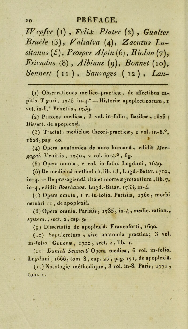 Wepfer (l) , Fcli:t; Plater (2) , Gualter Bruè/e (3), Fraisai va (4), Zacutus hii^ sitaniis (5), Prosper Âlpin (6;, Iliolan (7), Friendus (8) , Albinus (9), Bonnet (10), Sennert (il), Sauvages (12), Lan'- (1) Observaliones medico-praclicæ, de affectibiis ca- pitis. Tiguri, 174^ in-4.®—Historlæ apoplecticorura , i Tol. in-8/ Veneliis, 1759» (2) Praxeos niedic», 3 vol. in-folio ^ Baslleæ , 1625 y Dissert, de apoplexia. (3) Tractat. mcdicinæ theori-praclicæ, i vol. in-8.°, 1628, pag c^o. • (4) Opéra anatomica de aure bumanâ , edidit Mor- gagni. Ver)iliis , 1740, 2 vol. in-4.®, (5) Opéra omnia , 2 vol. in folio. Lugduni, 1649» (6) De medicinâ mclhodicâ, lib. i3 , Lugd.-Balav. 1710, in-4. —præsagiendâ viià et morte ægrotanlium ,lib. 7, in-4, edidil Boerliaac^e. Lugd.-Balav. 1733, in-4* (7) Opéra omuia, i v. in-folio. Parisiis, 1760, morbi ccrebri 11 , de apoplexia. (8 Opéra omnia. Parisiis, 1785, in-4 , nicdic. ration., sjstern., sect. 2 , cap. 9. (9j Disserlalio de apoplexia. Francoforli, 1690* (10) Sepulcrelum , sive analomia practicaj 3 vol. iu-folio Gtiievæ, 170c, sect. 2 , lib. i. (1 [ I Dunitli Sen7?erti Opéra, medica, 6 vol. in-folio. Lugduni, 1666, loin. 3, cap. 25 , pag. 171^ de apoplexiâ, (12) Nosologie méthodique , 3 vol. in-8. Paris J 17719 tom. 1. \