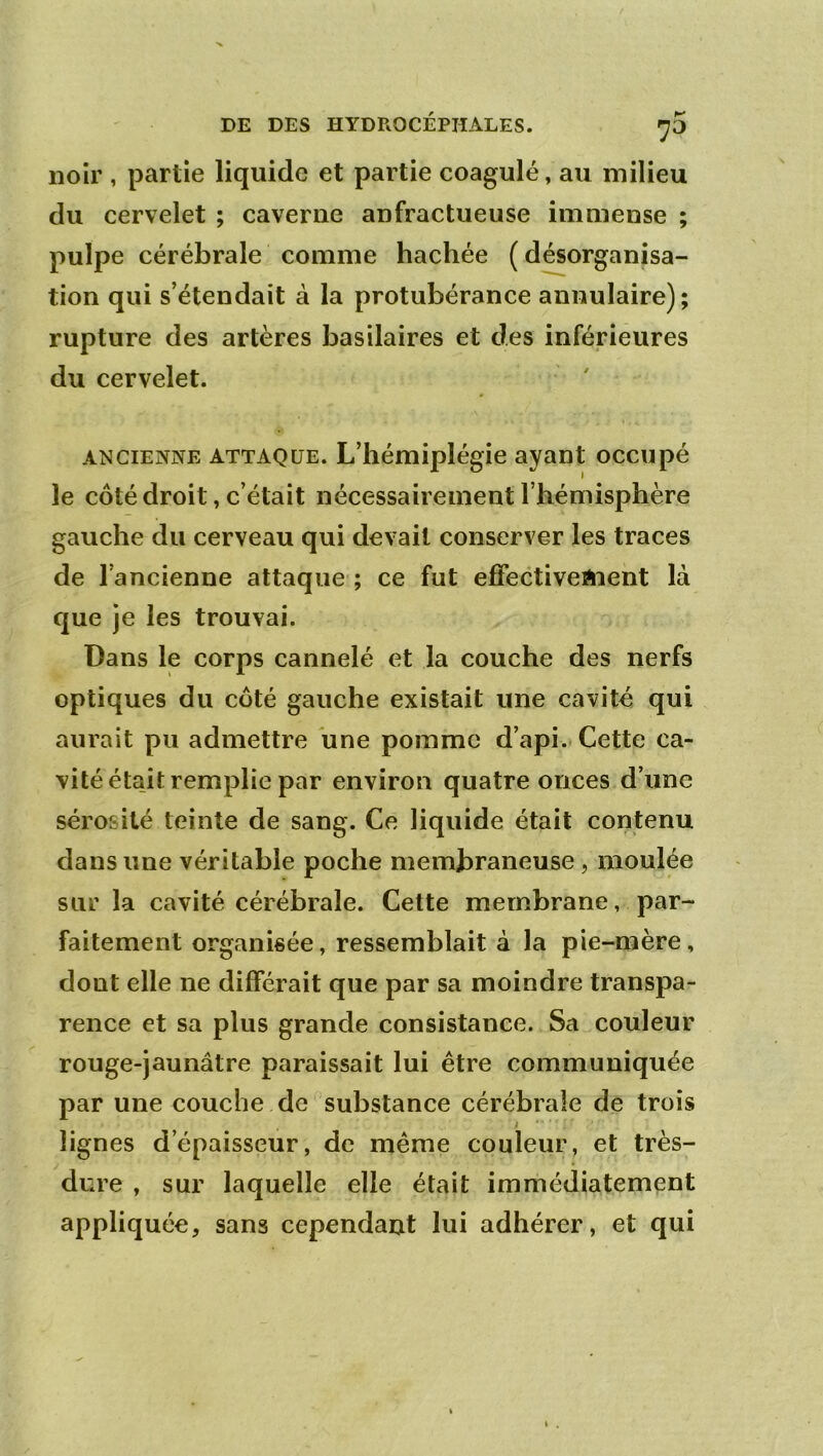 noir , partie liquide et partie coagulé, au milieu du cervelet ; caverne anfractueuse immense ; pulpe cérébrale comme hachée (désorganisa- tion qui s’étendait à la protubérance annulaire) ; rupture des artères basilaires et des inférieures du cervelet. ANCIENNE ATTAQUE. L’hémiplégie ayant occupé le côté droit, c’était nécessairement l’hémisphère gauche du cerveau qui devait conserver les traces de l’ancienne attaque ; ce fut effectiveAient là que je les trouvai. Dans le corps cannelé et la couche des nerfs optiques du côté gauche existait une cavité qui aurait pu admettre une pomme d’api-Cette ca- vité était remplie par environ quatre onces d’une sérosité teinte de sang. Ce liquide était contenu dans une véritable poche membraneuse, moulée sur la cavité cérébrale. Cette membrane, par- faitement organisée, ressemblait à la pie-mère, dont elle ne différait que par sa moindre transpa- rence et sa plus grande consistance. Sa couleur rouge-jaunâtre paraissait lui être communiquée par une couche de substance cérébrale de trois J lignes d’épaisseur, de même couleur, et très- dure , sur laquelle elle était immédiatement appliquée, sans cependant lui adhérer, et qui