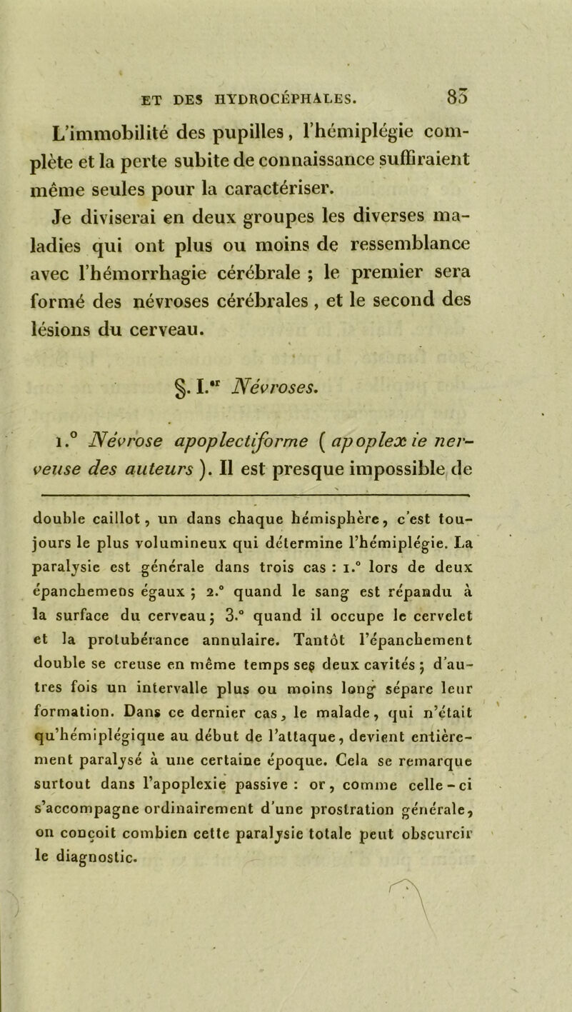 L’immobilité des pupilles, l’hémiplégie com- plète et la perte subite de connaissance suffiraient même seules pour la caractériser. Je diviserai en deux groupes les diverses ma- ladies qui ont plus ou moins de ressemblance avec l’hémorrhagie cérébrale ; le premier sera formé des névroses cérébrales , et le second des lésions du cerveau. « §. I.“ Névroses, i.° Névrose apoplectiforme [apoplex ie ner- veuse des auteurs ). Il est presque impossible de double caillot, un dans chaque hémisphère, c’est tou- jours le plus volumineux qui détermine l’hémiplégie. La paralysie est générale dans trois cas : i.“ lors de deux épanchemeos égaux ; 2.° quand le sang est répandu à la surface du cerveau 5 3.“ quand il occupe le cervelet et la protubérance annulaire. Tantôt l’épanchement double se creuse en même temps seç deux cavités \ d’au- tres fois un intervalle plus ou moins long sépare leur formation. Dans ce dernier cas, le malade, qui n’était qu’hémiplégique au début de l’attaque, devient entière- ment paralysé à une certaine époque. Cela se remarque surtout dans l’apoplexie passive: or, comme celle-ci s’accompagne ordinairement d’une prostration générale, on conçoit combien cette paralysie totale peut obscurcir le diagnostic.